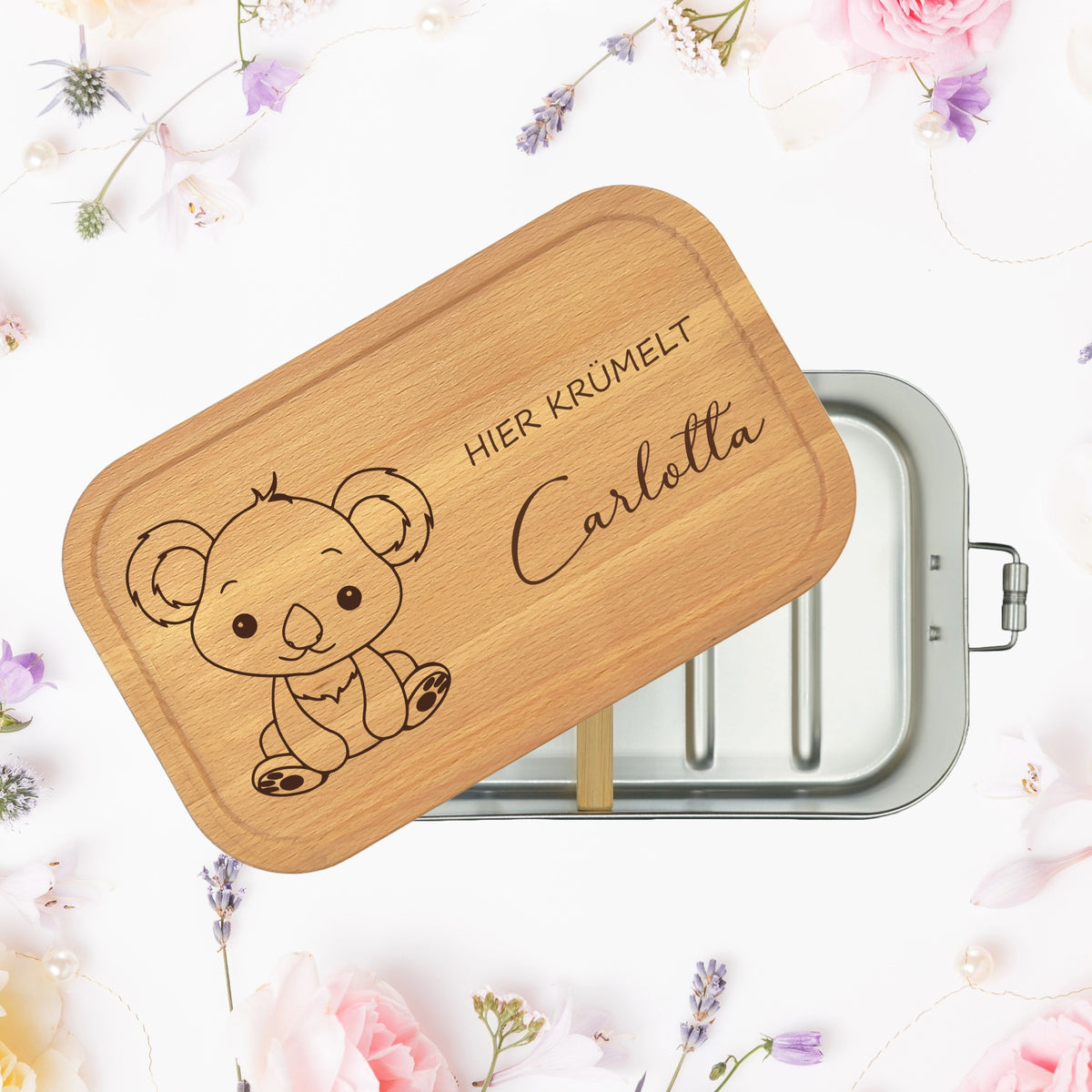 Personalisierte Brotdose mit Buchenholzdeckel und Gravur „Koala“
