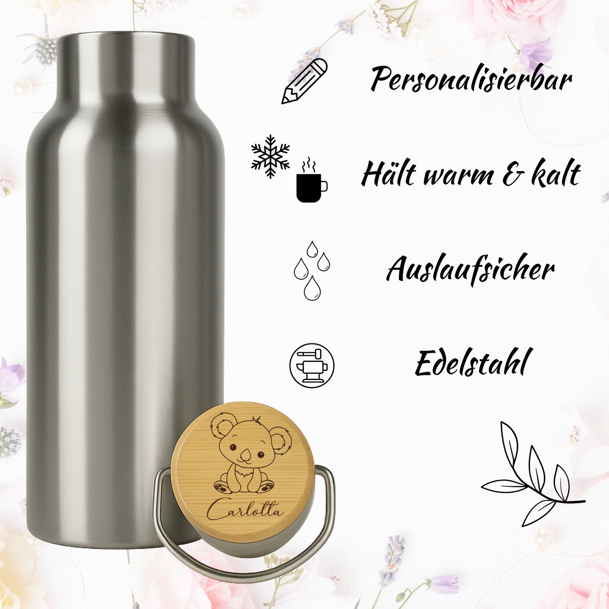 Edelstahl-Trinkflasche mit Holzdeckel und Gravur „Koala“