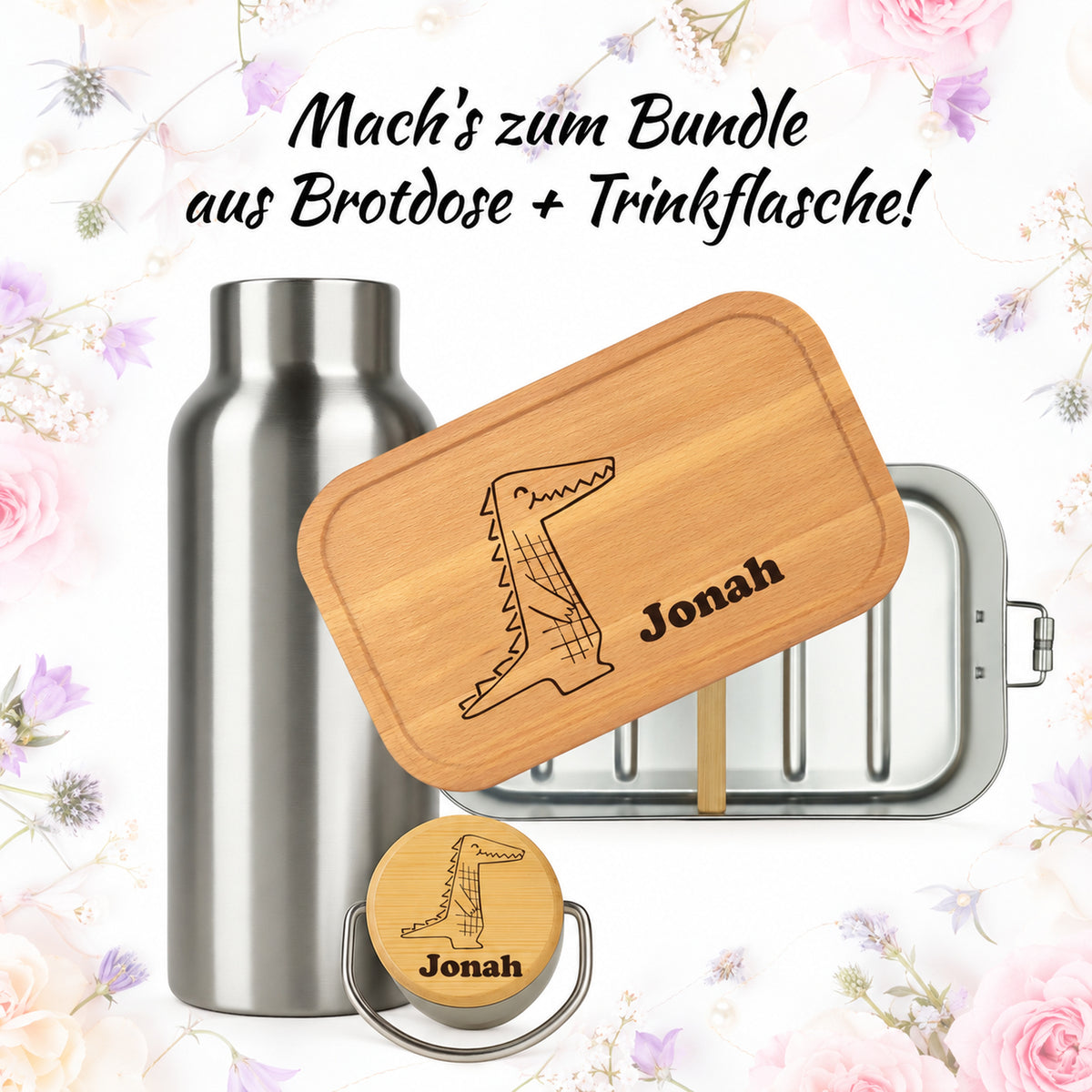Brotdose mit Buchenholzdeckel und Trinkflasche als Bundle, Gravur „Krokodil“