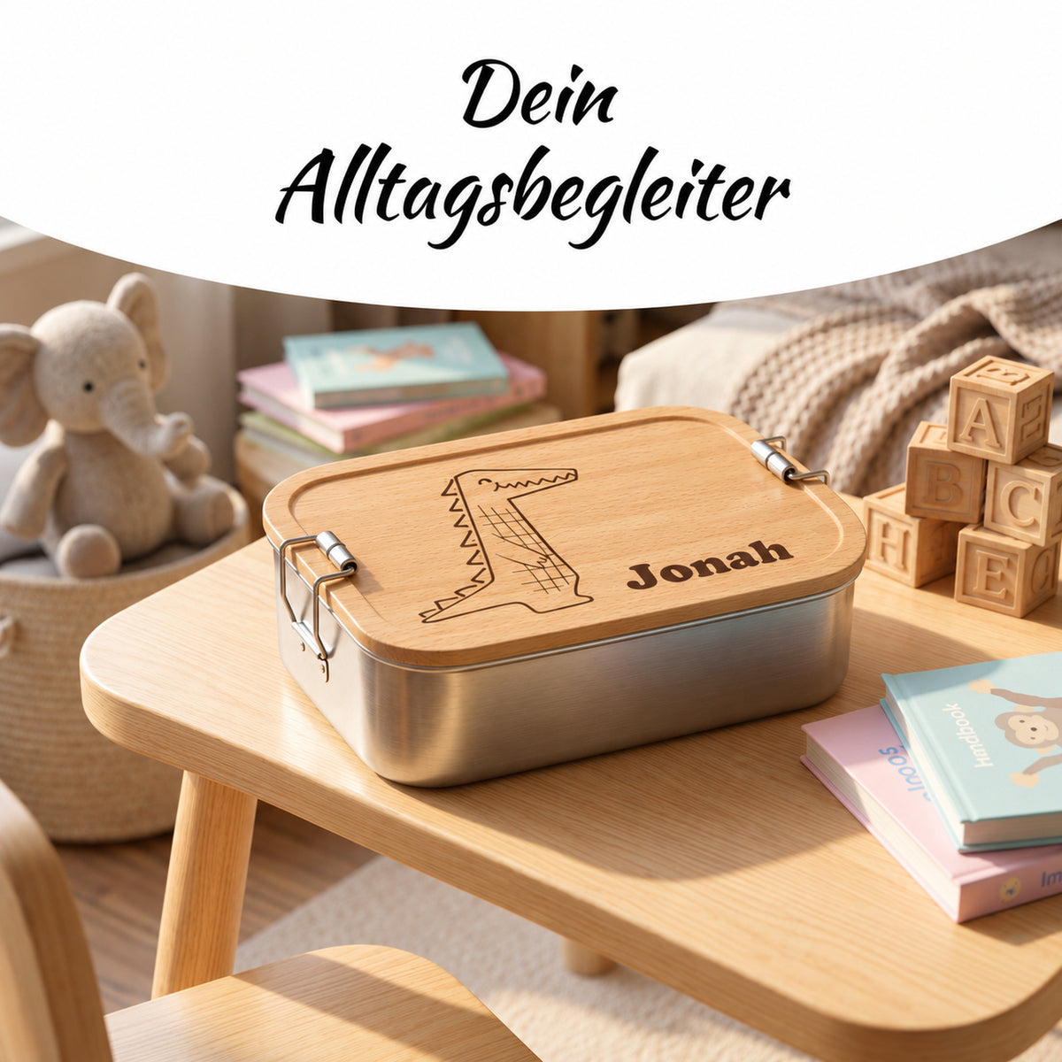 Brotdose mit Buchenholzdeckel und Gravur „Krokodil“ im Alltag
