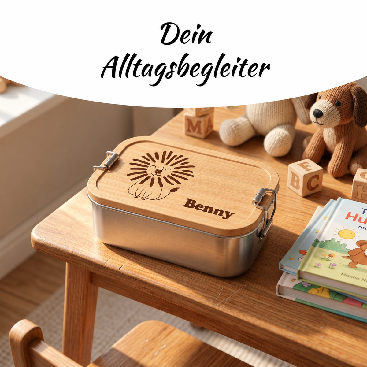 Brotdose mit Buchenholzdeckel und Gravur „Löwe“ im Alltag