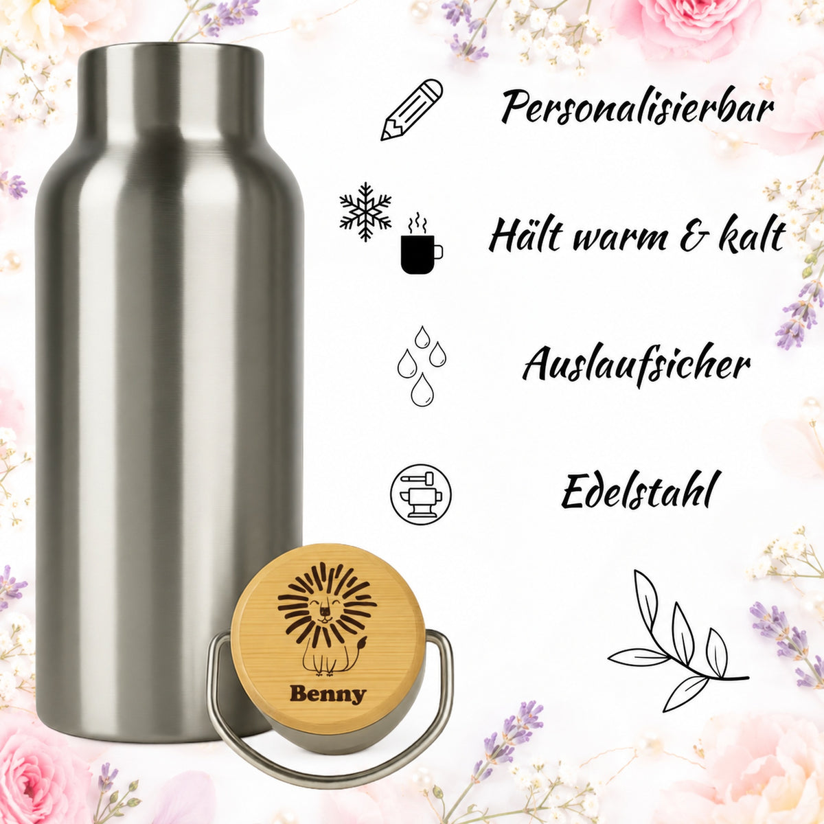 Edelstahl-Trinkflasche mit Holzdeckel und Gravur „Löwe“