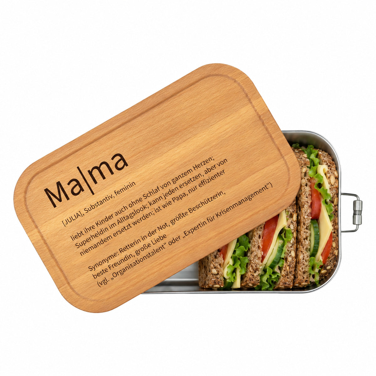 Personalisierte Brotdose mit Buchenholzdeckel und Gravur „Mama“