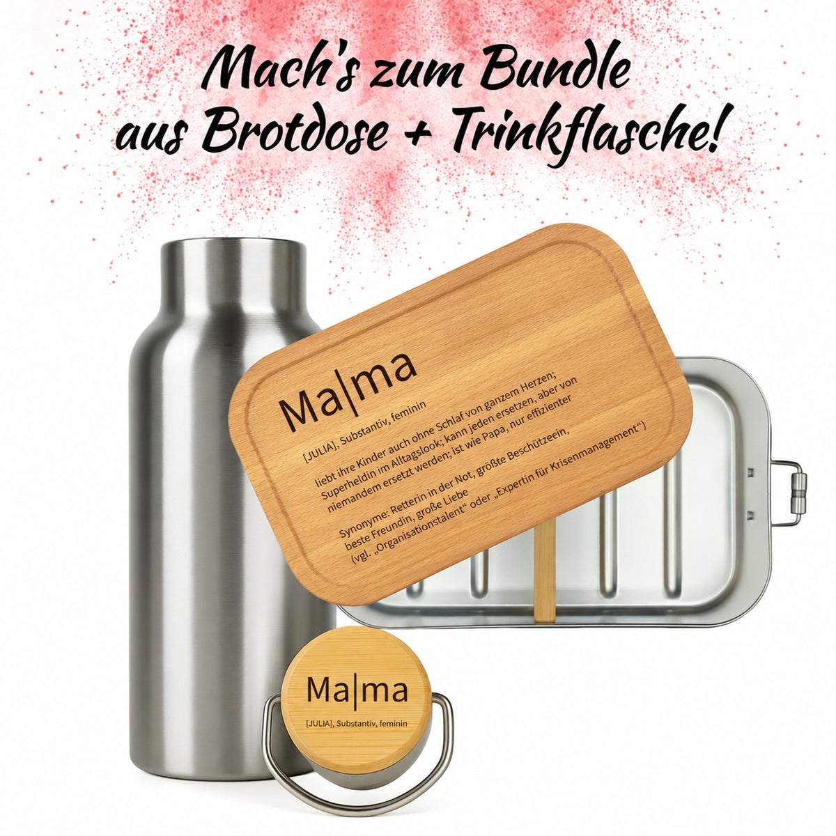 Brotdose mit Buchenholzdeckel und Trinkflasche als Bundle, Gravur „Mama“