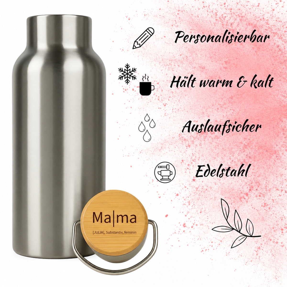 Edelstahl-Trinkflasche mit Holzdeckel und Gravur „Mama“