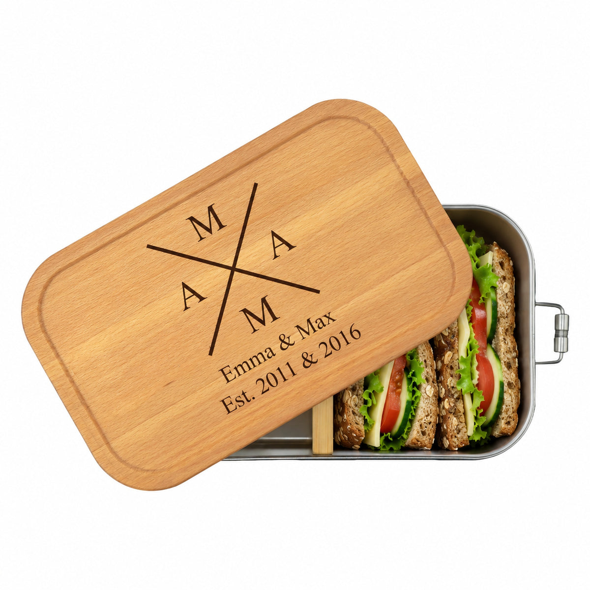 Personalisierte Brotdose mit Buchenholzdeckel und Gravur „Mama X“