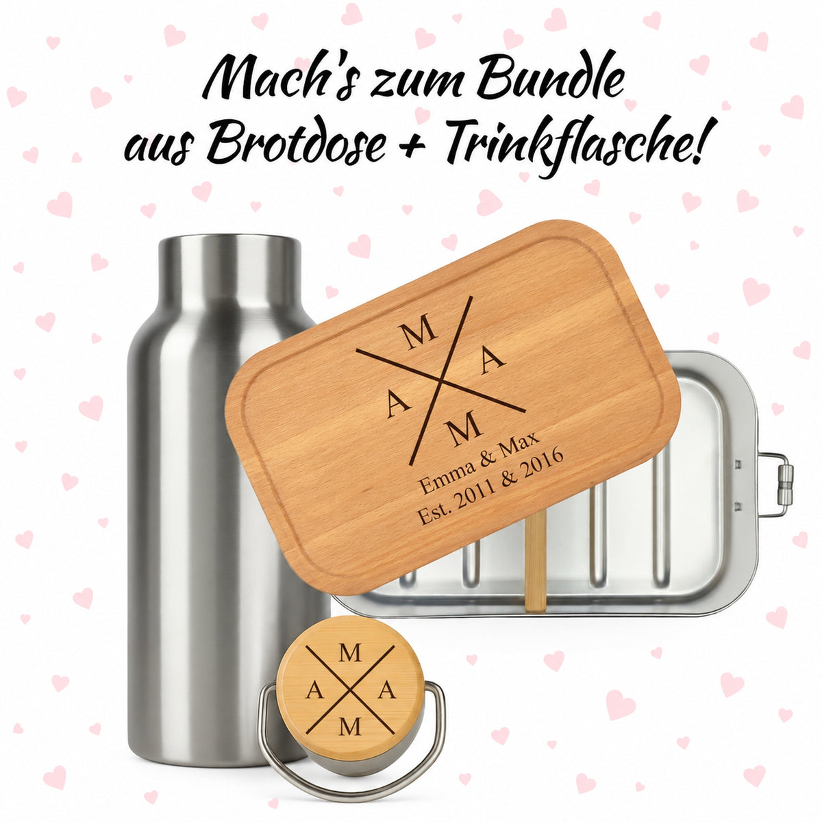 Brotdose mit Buchenholzdeckel und Trinkflasche als Bundle, Gravur „Mama X“