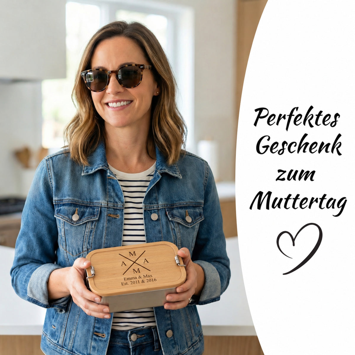 Brotdose mit Buchenholzdeckel und Gravur „Mama X“ im Alltag
