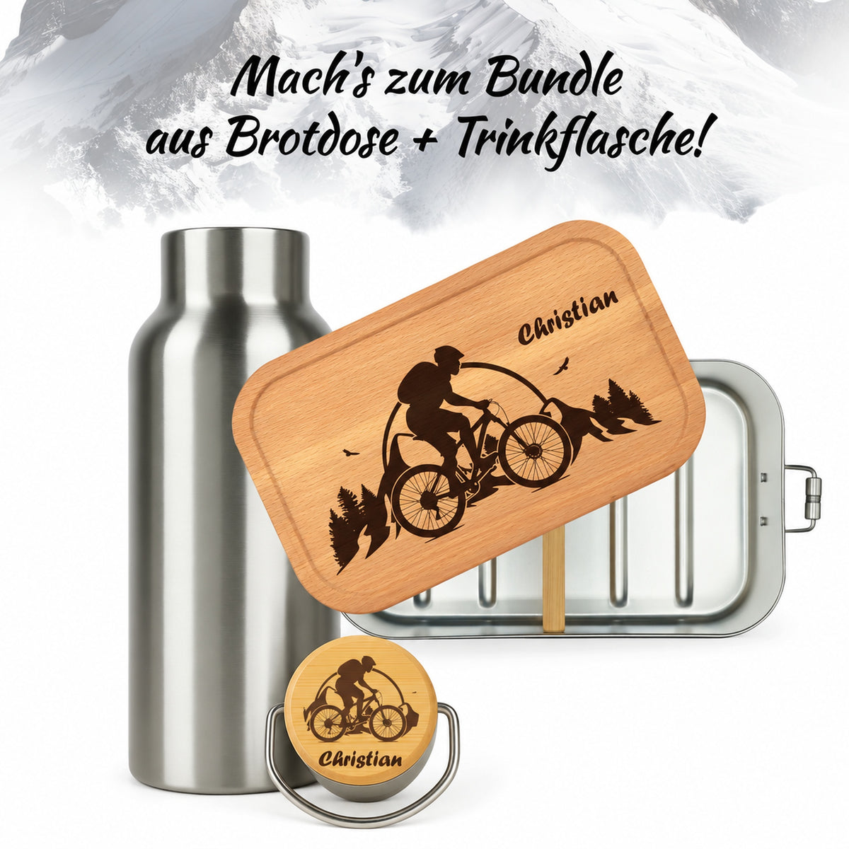 Brotdose mit Buchenholzdeckel und Trinkflasche als Bundle, Gravur „Mountainbike“