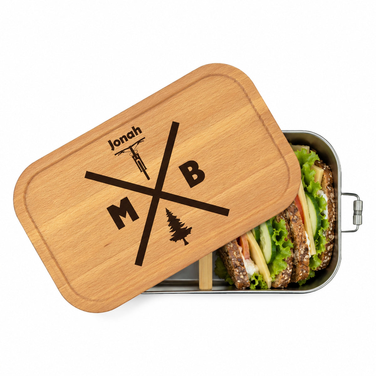 Personalisierte Brotdose mit Buchenholzdeckel und Gravur „MTB“
