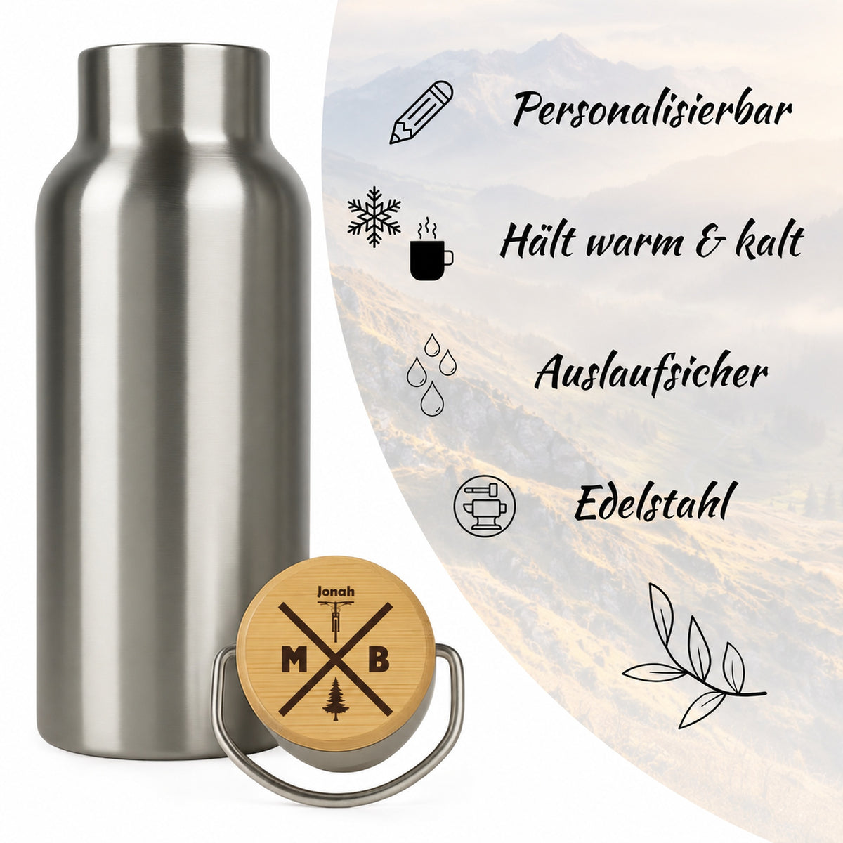 Edelstahl-Trinkflasche mit Holzdeckel und Gravur „MTB“