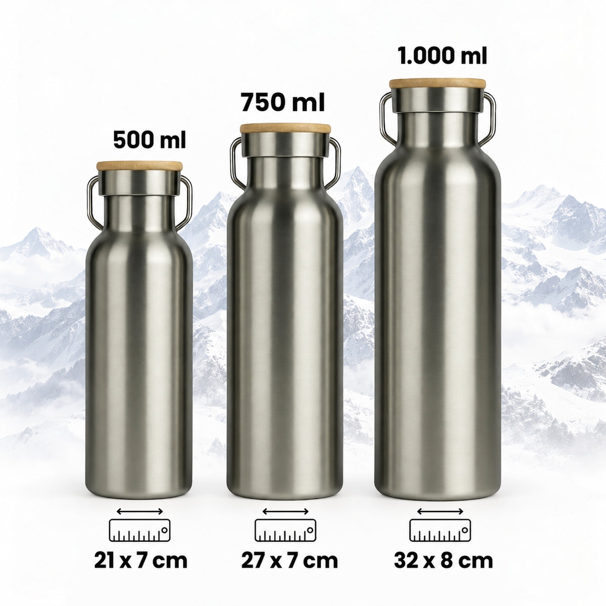 Trinkflaschen 500 ml, 750 ml und 1.000 ml im Größenvergleich