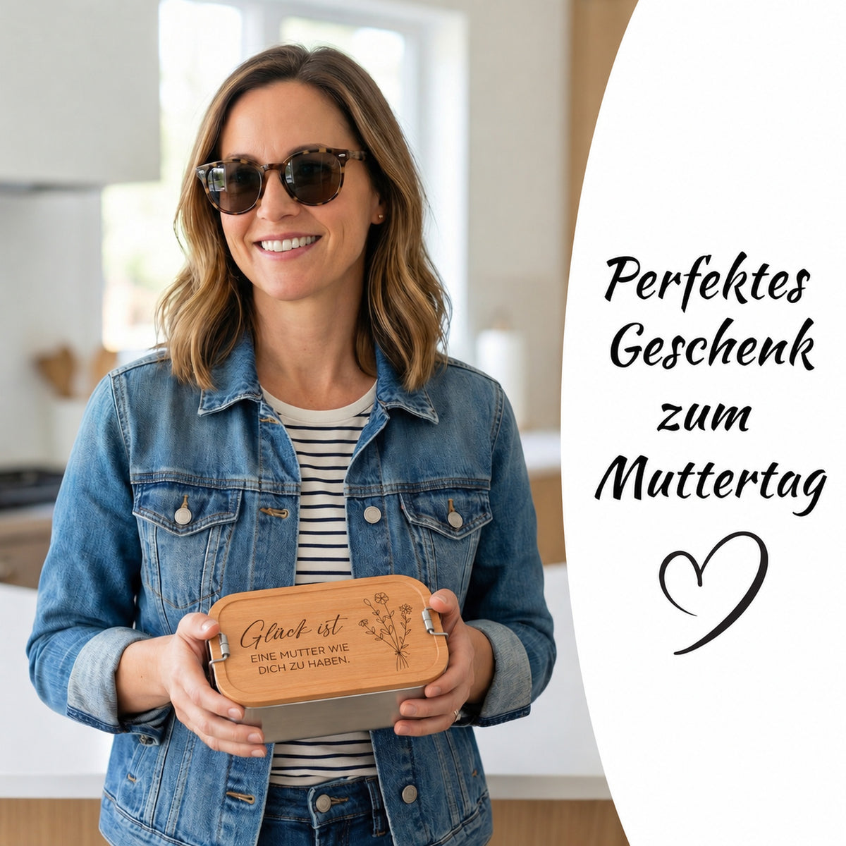 Brotdose mit Buchenholzdeckel und Gravur „Mutterglück“ im Alltag
