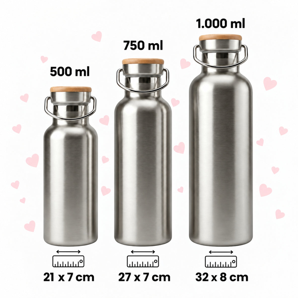 Trinkflaschen 500 ml, 750 ml und 1.000 ml im Größenvergleich