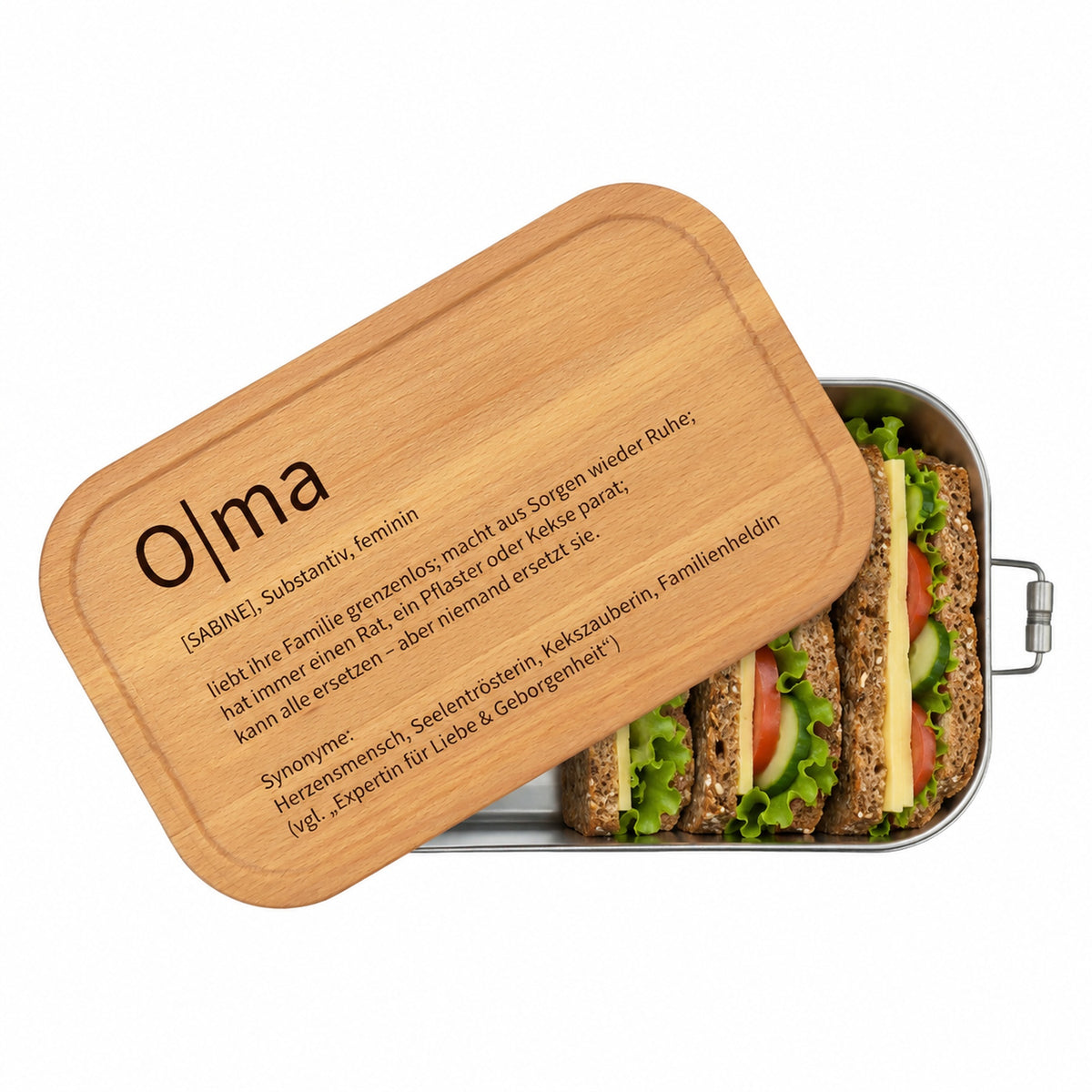 Personalisierte Brotdose mit Buchenholzdeckel und Gravur „Oma“