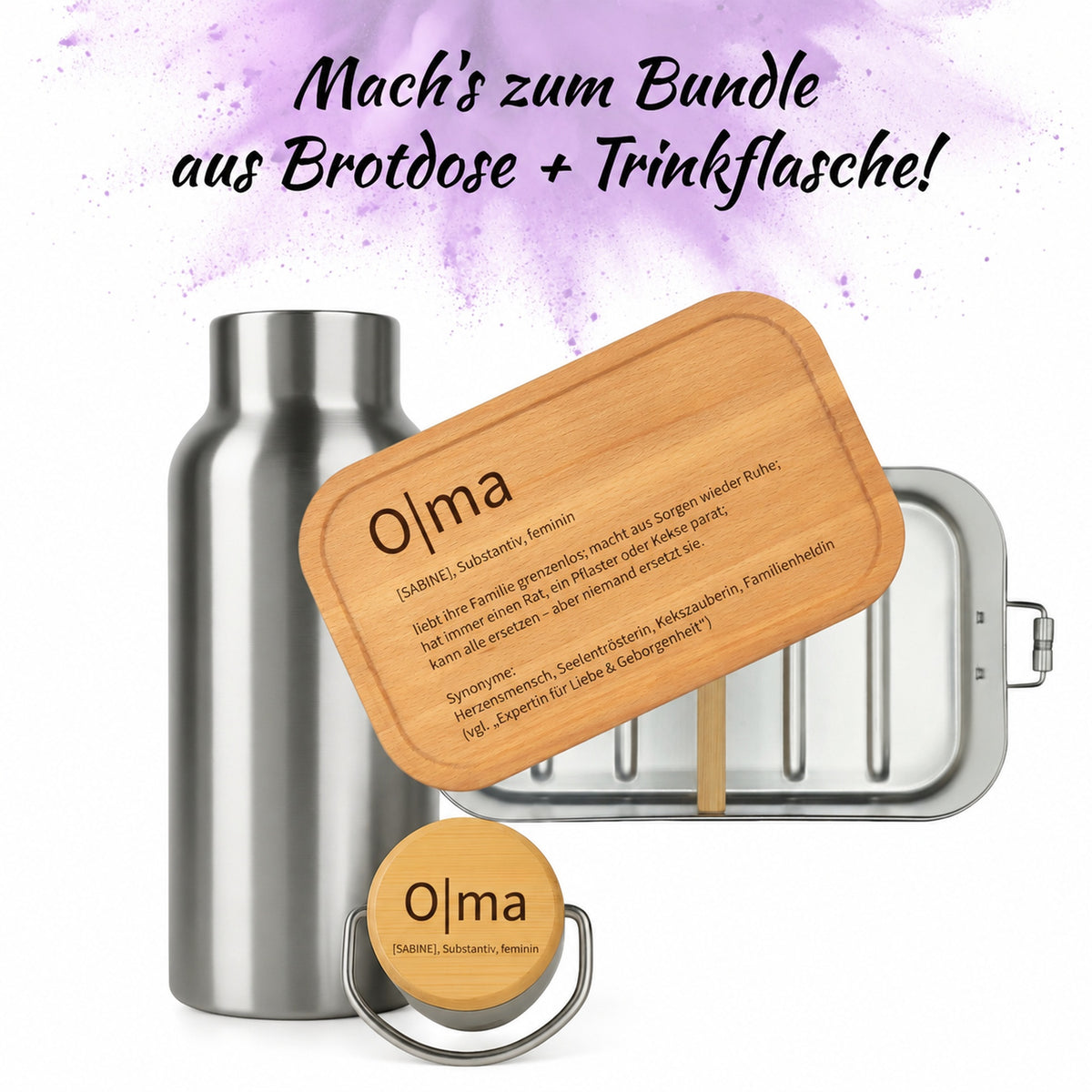 Brotdose mit Buchenholzdeckel und Trinkflasche als Bundle, Gravur „Oma“