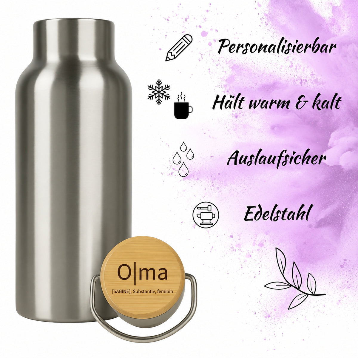 Edelstahl-Trinkflasche mit Holzdeckel und Gravur „Oma“