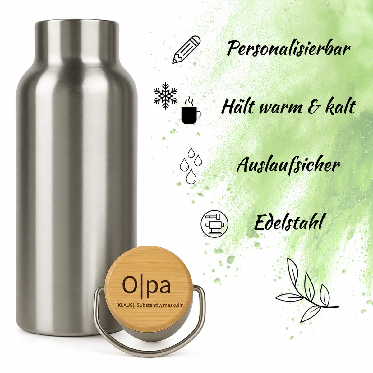 Edelstahl-Trinkflasche mit Holzdeckel und Gravur „Opa“