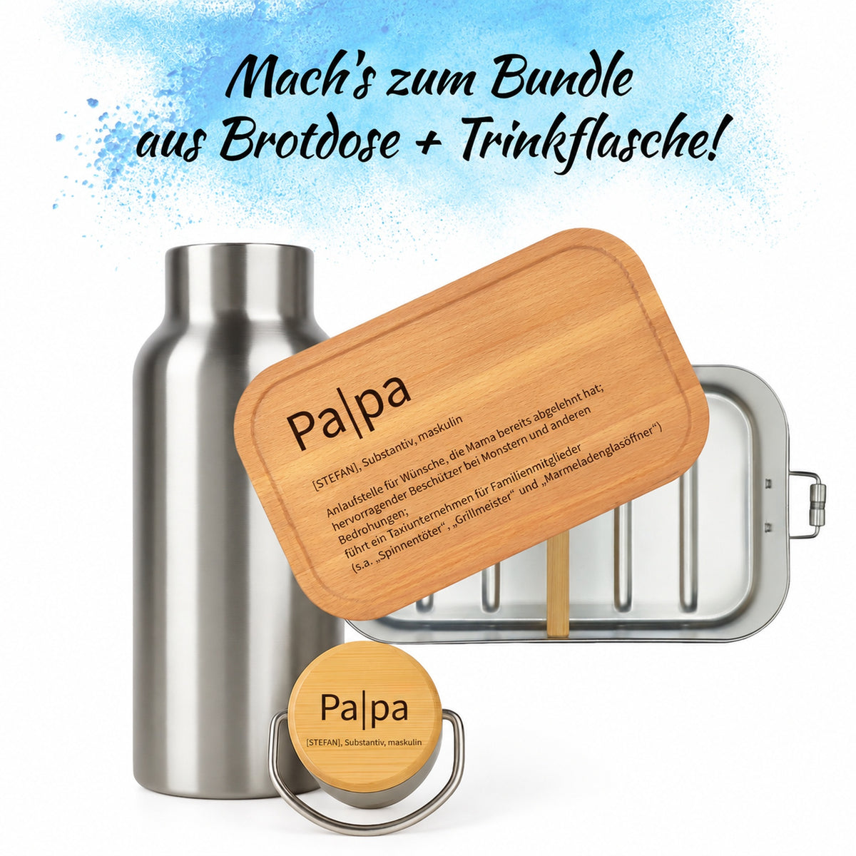 Brotdose mit Buchenholzdeckel und Trinkflasche als Bundle, Gravur „Papa“