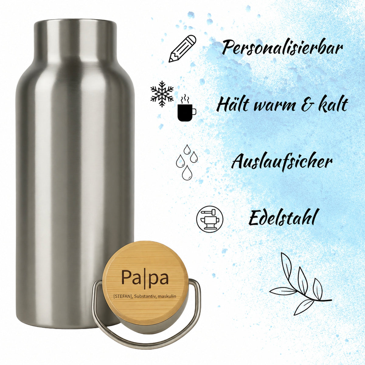Edelstahl-Trinkflasche mit Holzdeckel und Gravur „Papa“