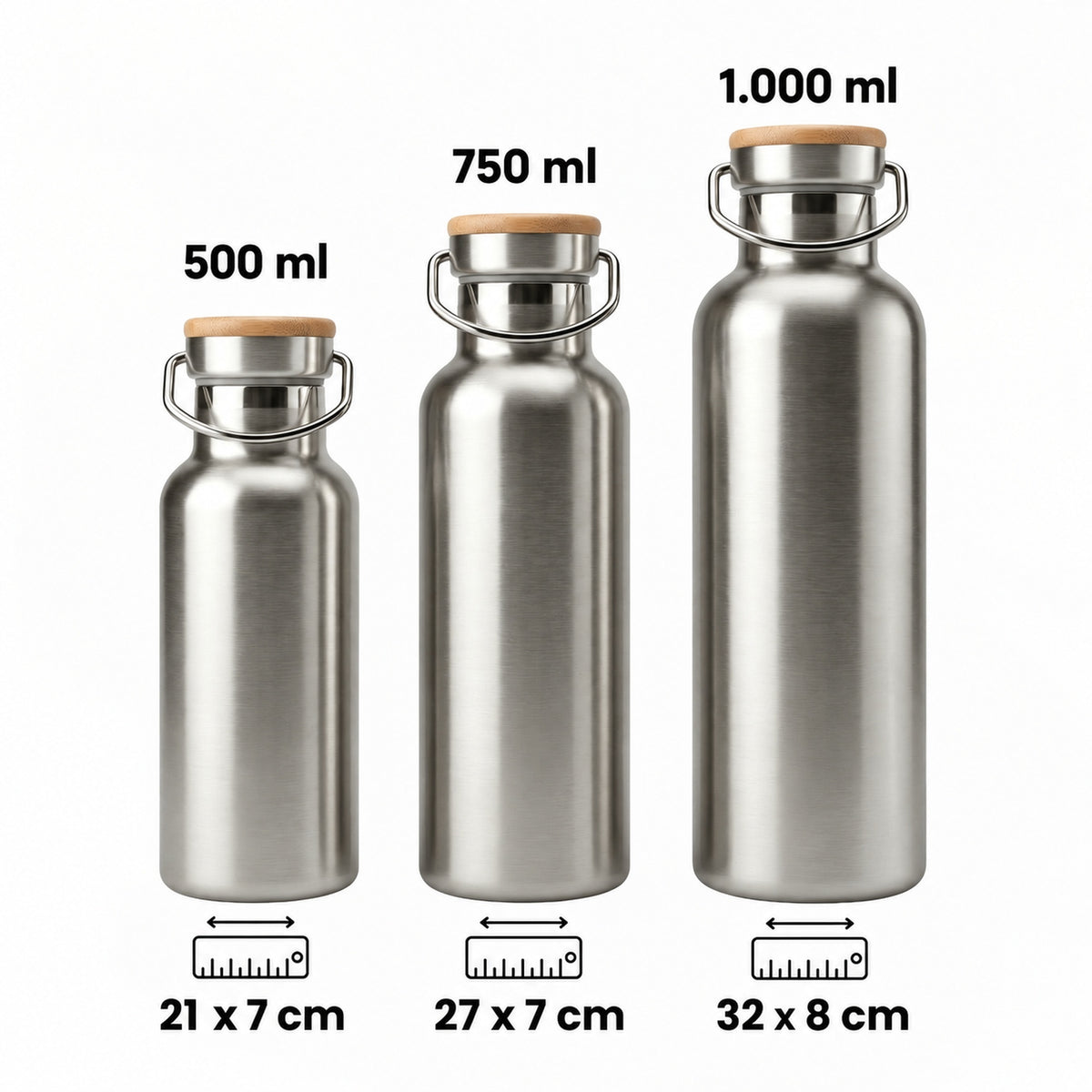 Trinkflaschen 500 ml, 750 ml und 1.000 ml im Größenvergleich