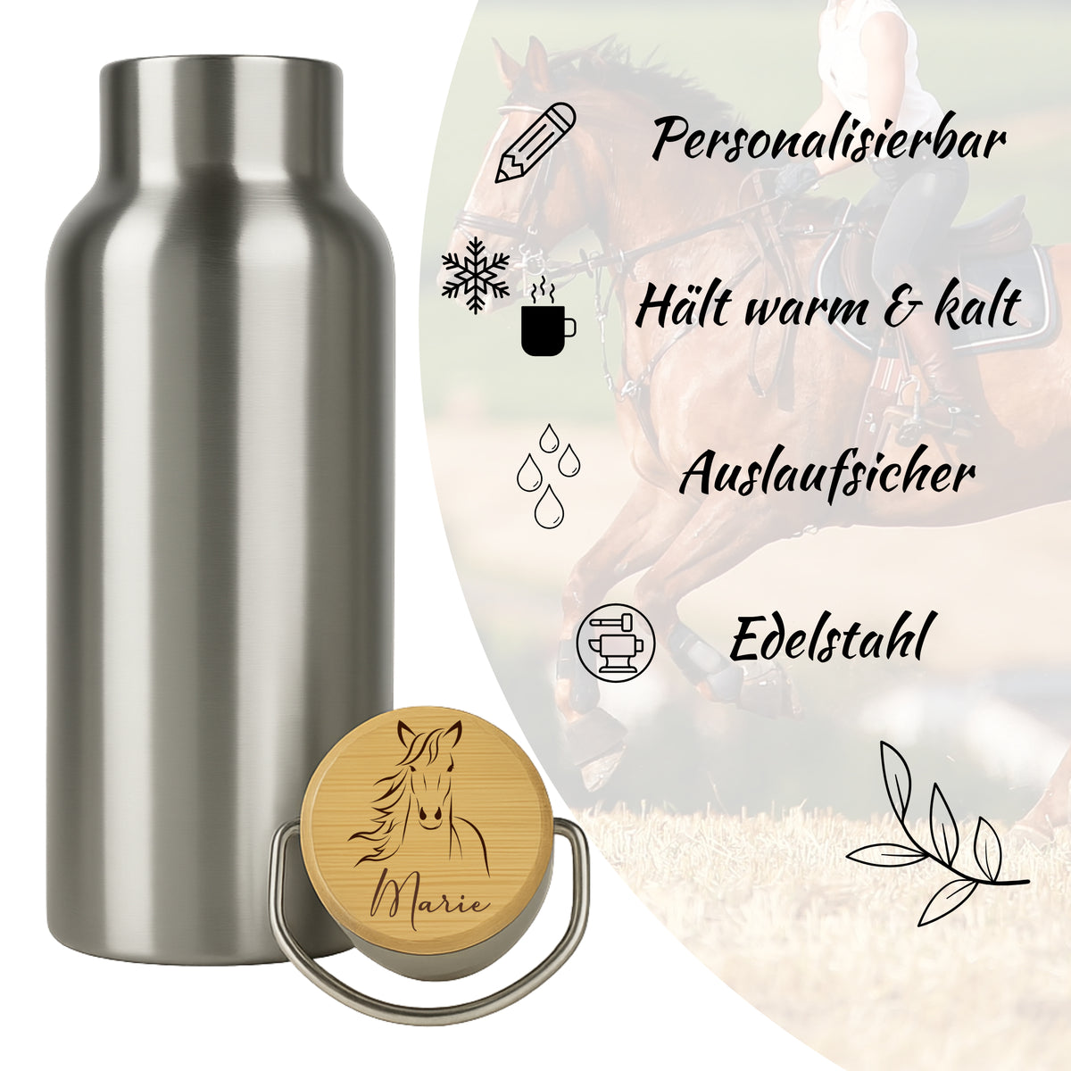 Edelstahl-Trinkflasche mit Holzdeckel und Pferd-Gravur