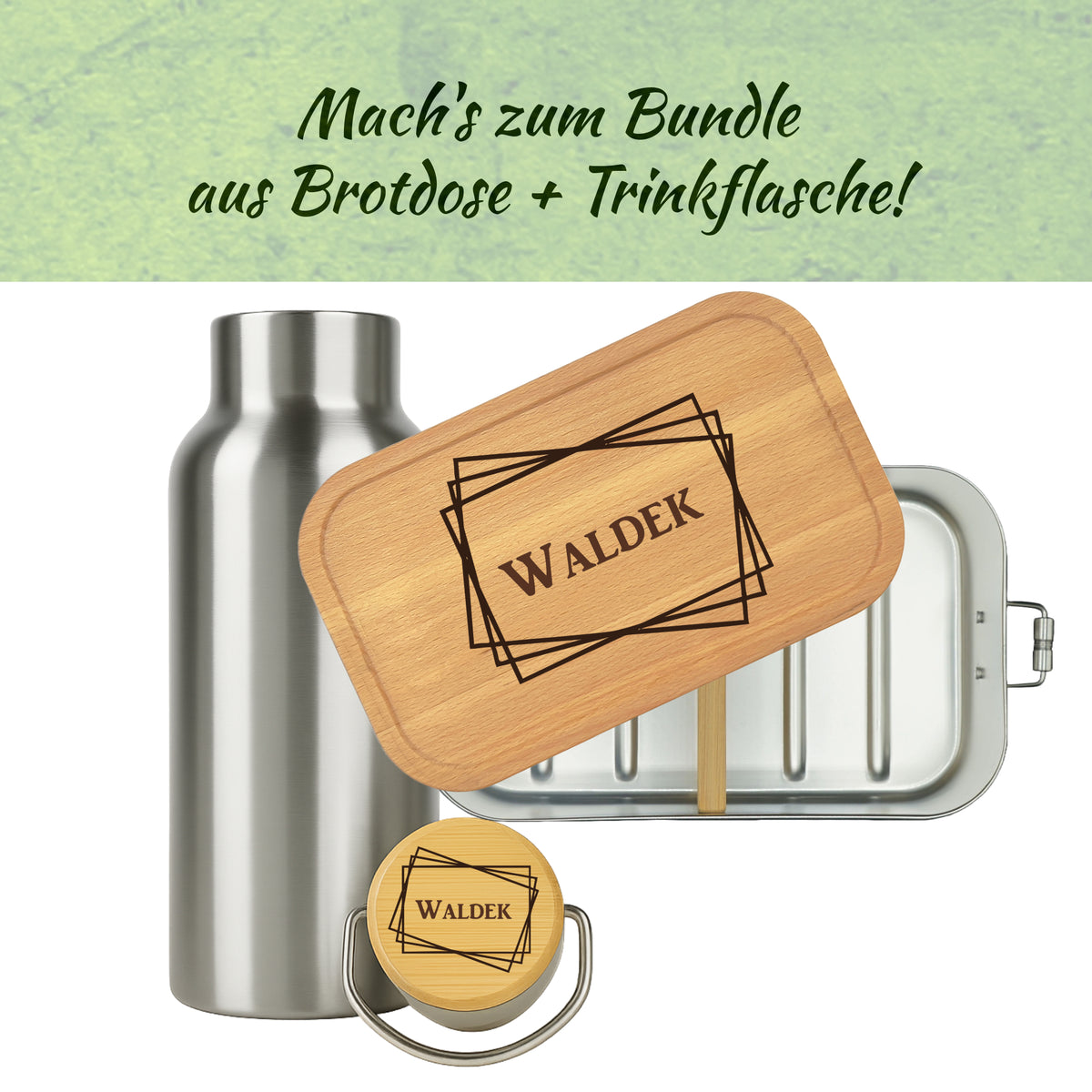 Brotdose mit Buchenholzdeckel und Trinkflasche als Bundle mit Rahmen-Gravur