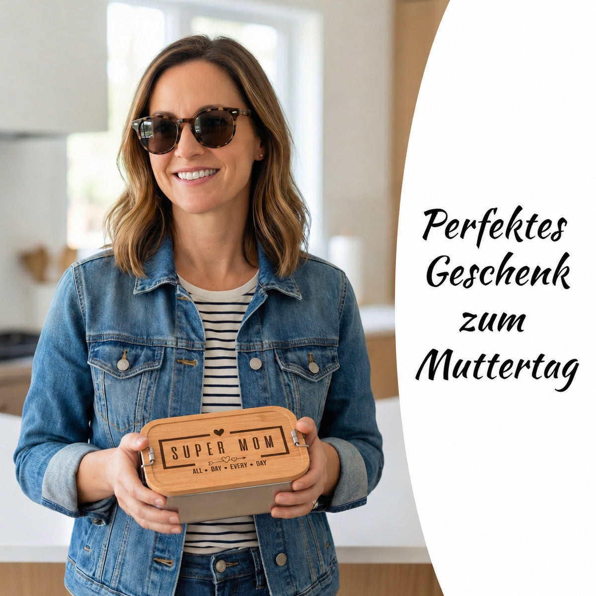 Brotdose mit Buchenholzdeckel und Gravur „Super Mom“ im Alltag