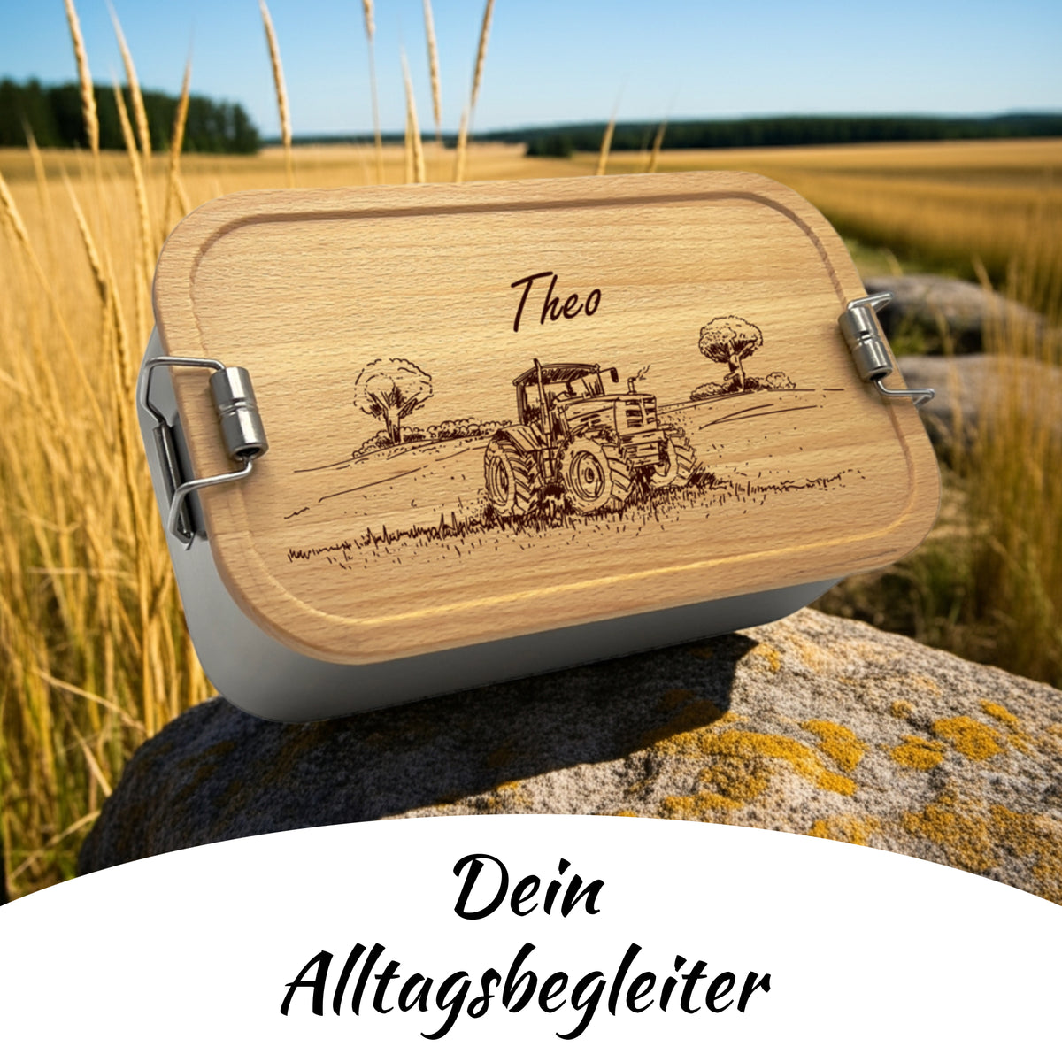 Brotdose mit Buchenholzdeckel und Traktor-Gravur im Kornfeld