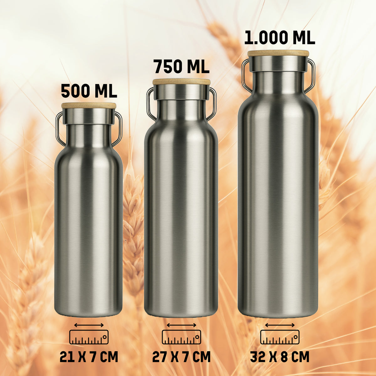 Trinkflaschen 500 ml, 750 ml und 1.000 ml im Größenvergleich
