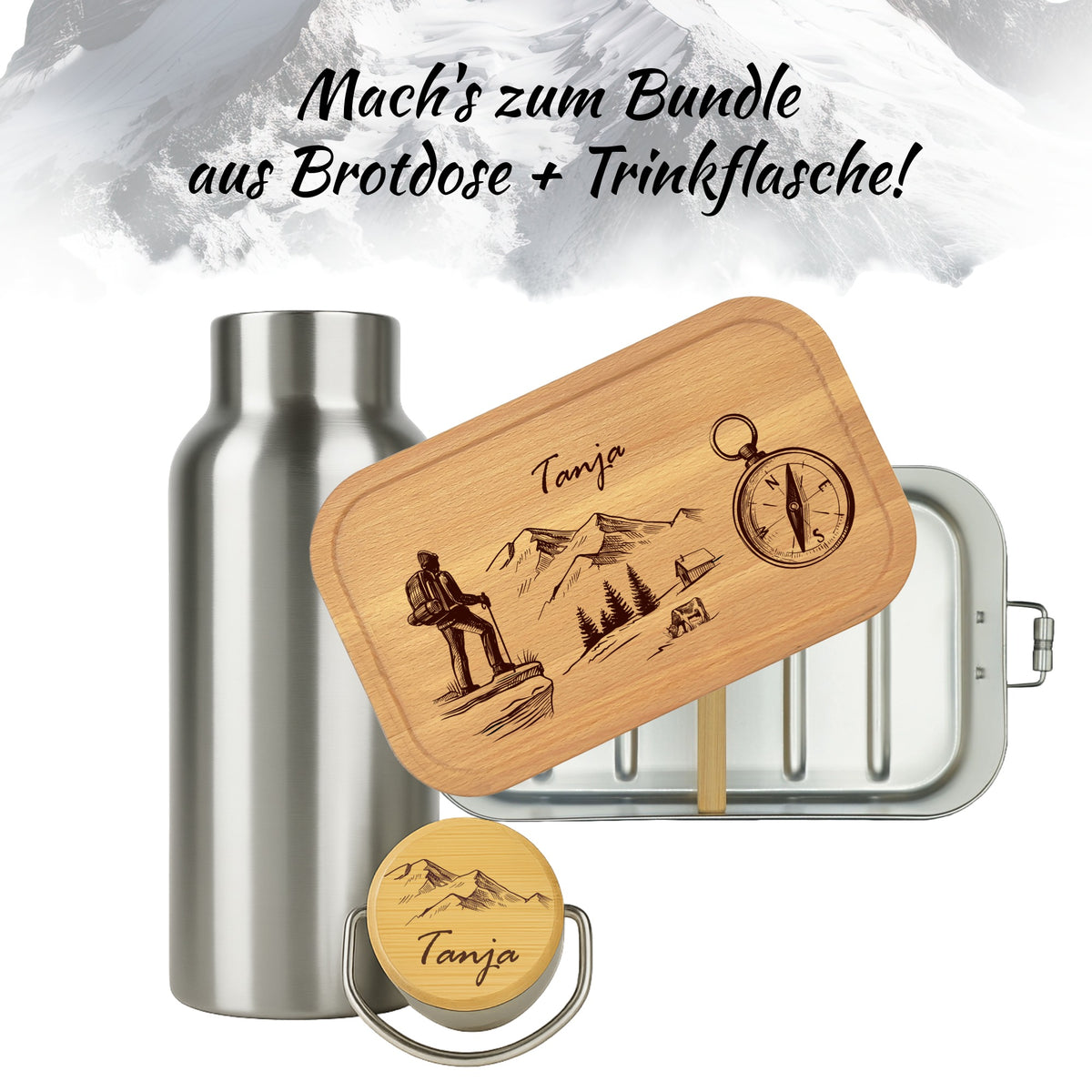 Brotdose mit Buchenholzdeckel und Trinkflasche als Bundle mit Wanderlust-Gravur