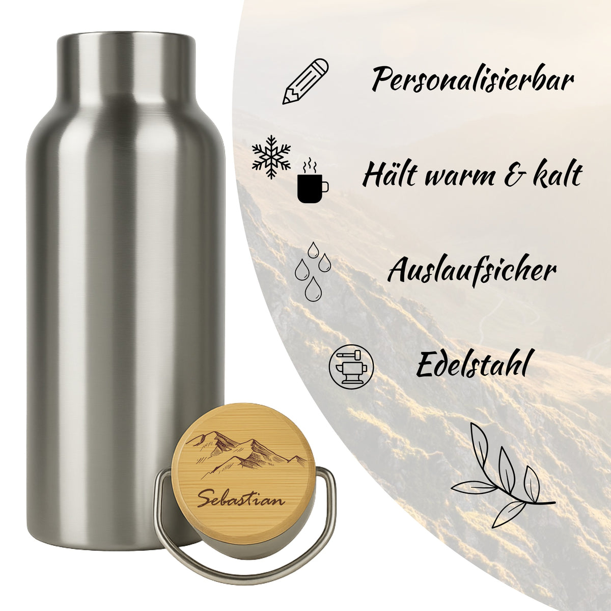 Edelstahl-Trinkflasche mit Holzdeckel und Wanderlust-Gravur