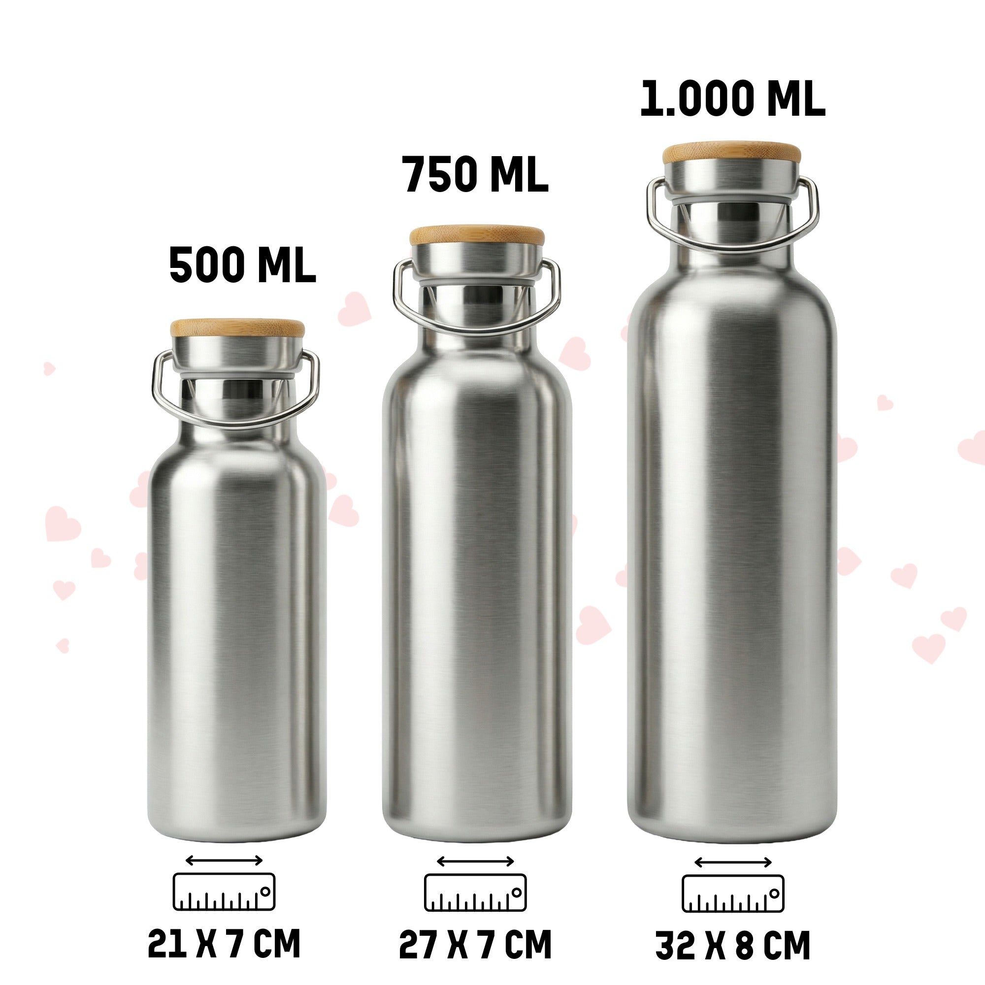 Trinkflaschen Größen 500 ml 750 ml 1000 ml aus Edelstahl im Vergleich