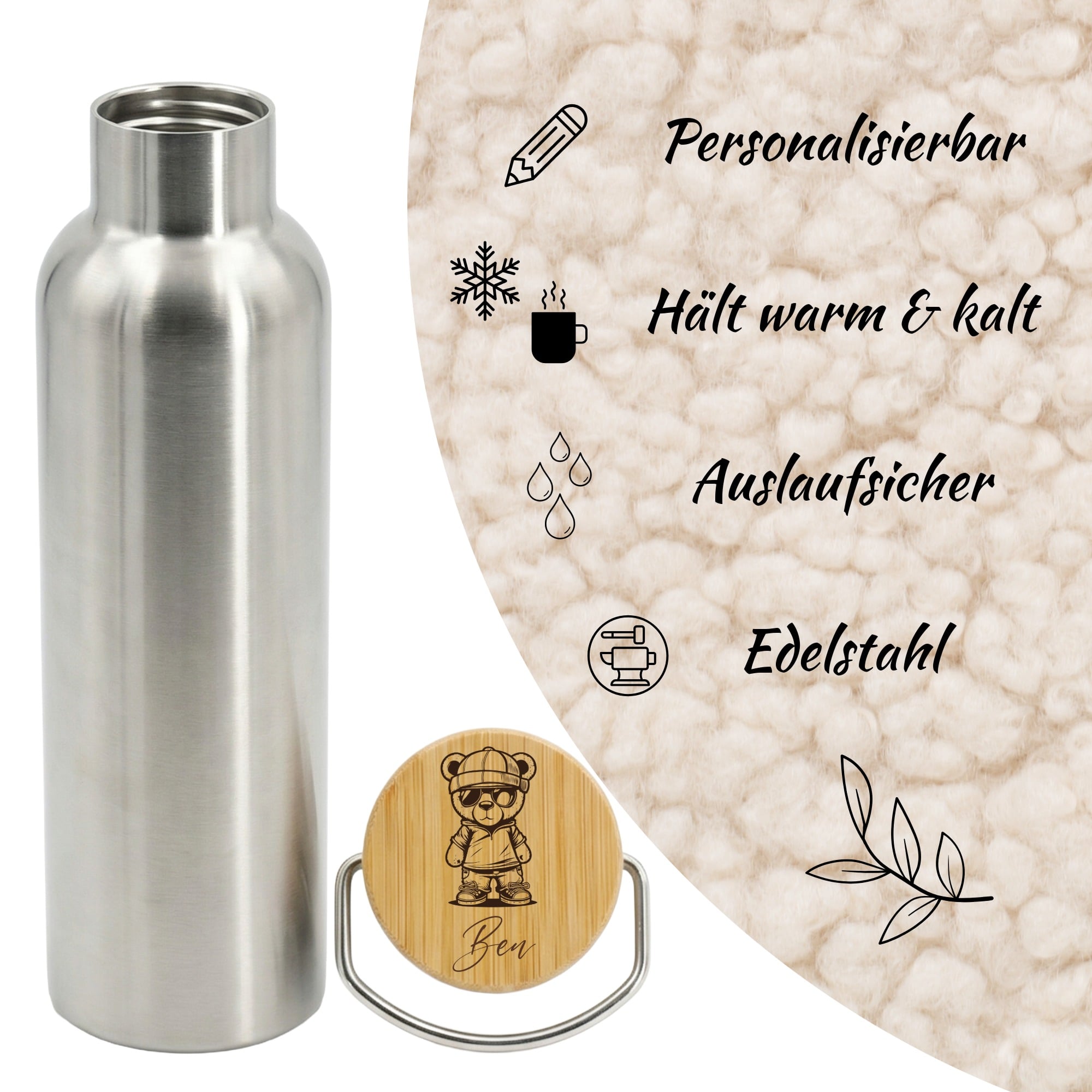 Personalisierbare Edelstahl-Trinkflasche mit Bambusdeckel passend zur Brotdose