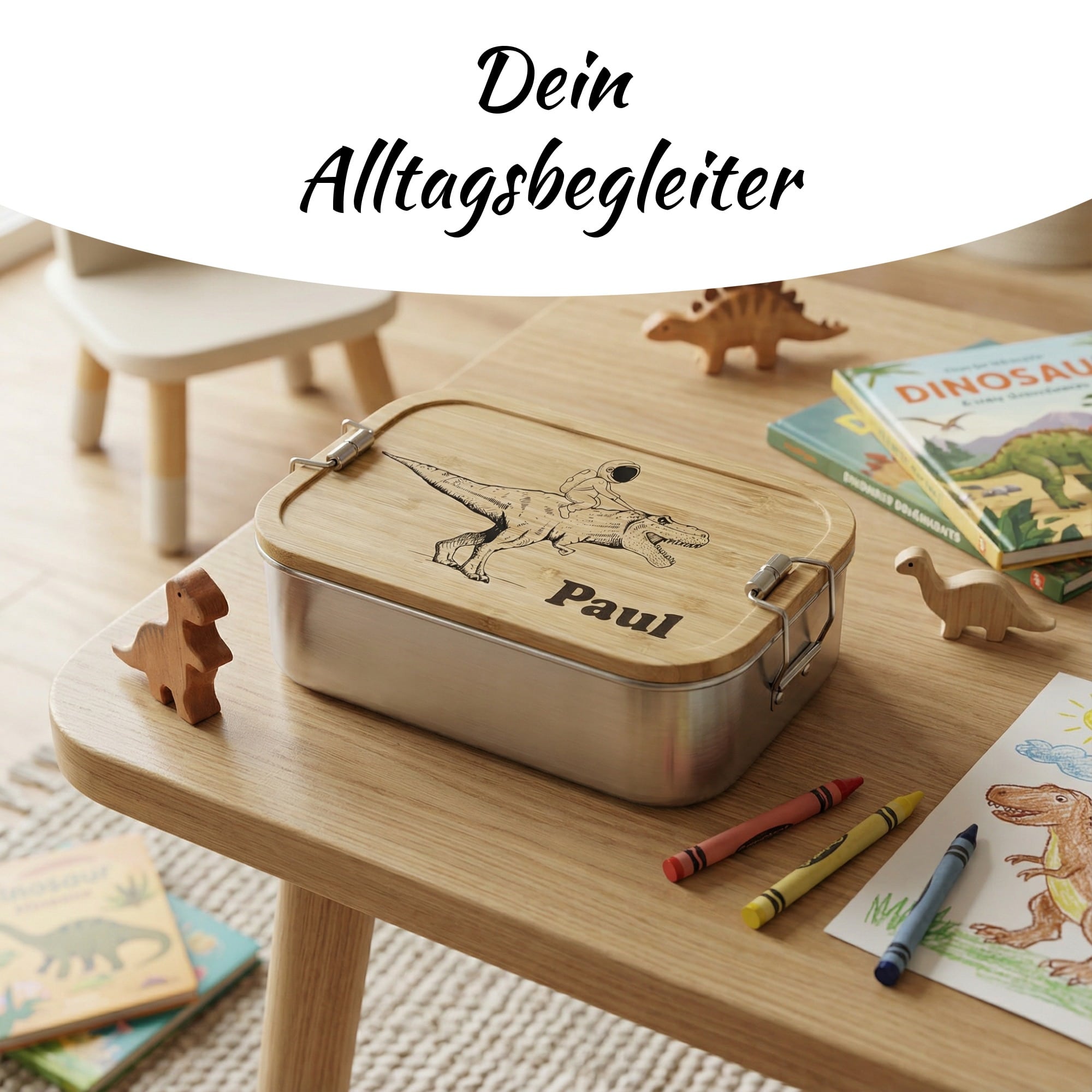 Personalisierte Kinder Brotdose Dino auf Tisch im Kinderzimmer