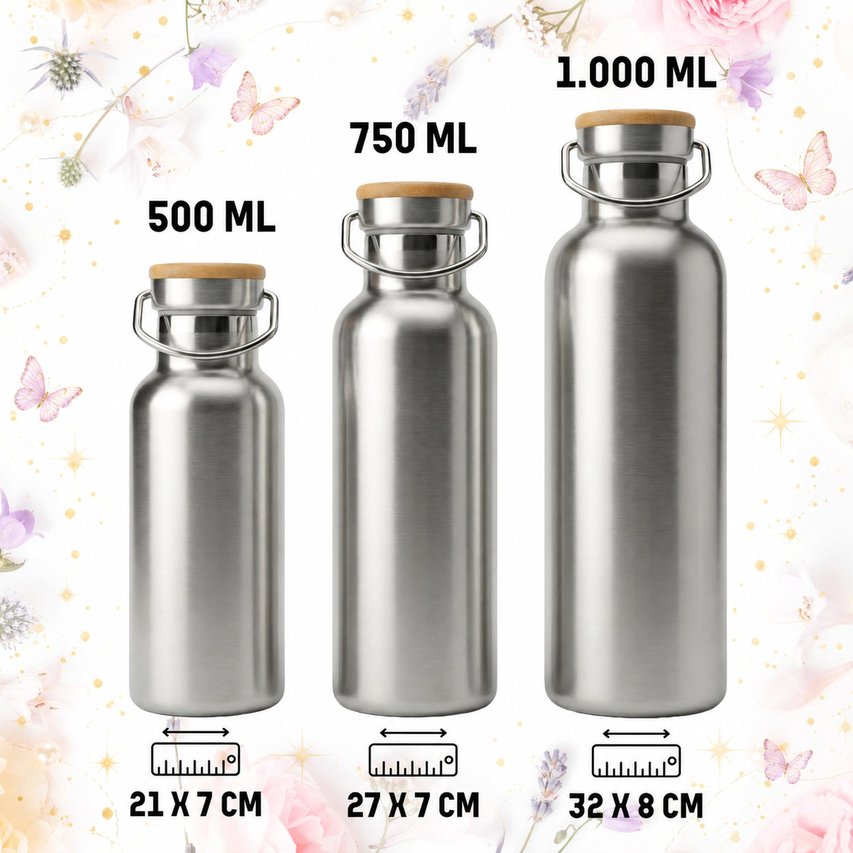 Edelstahl Trinkflaschen in 500 ml, 750 ml und 1000 ml Größen mit Bambusdeckel im Größenvergleich