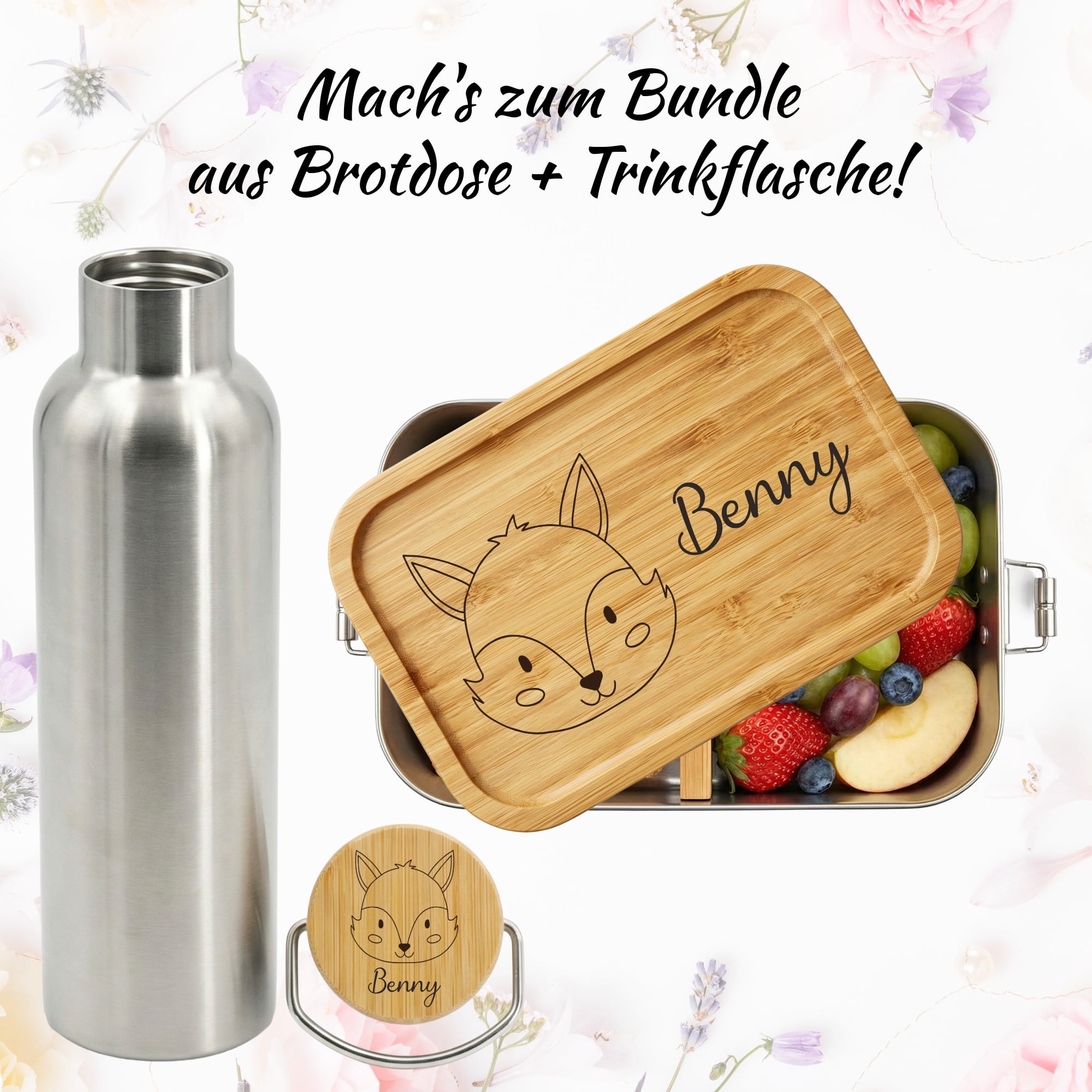 Personalisierte Brotdose mit Fuchs Gravur und passender Edelstahl Trinkflasche mit Bambusdeckel im Bundle