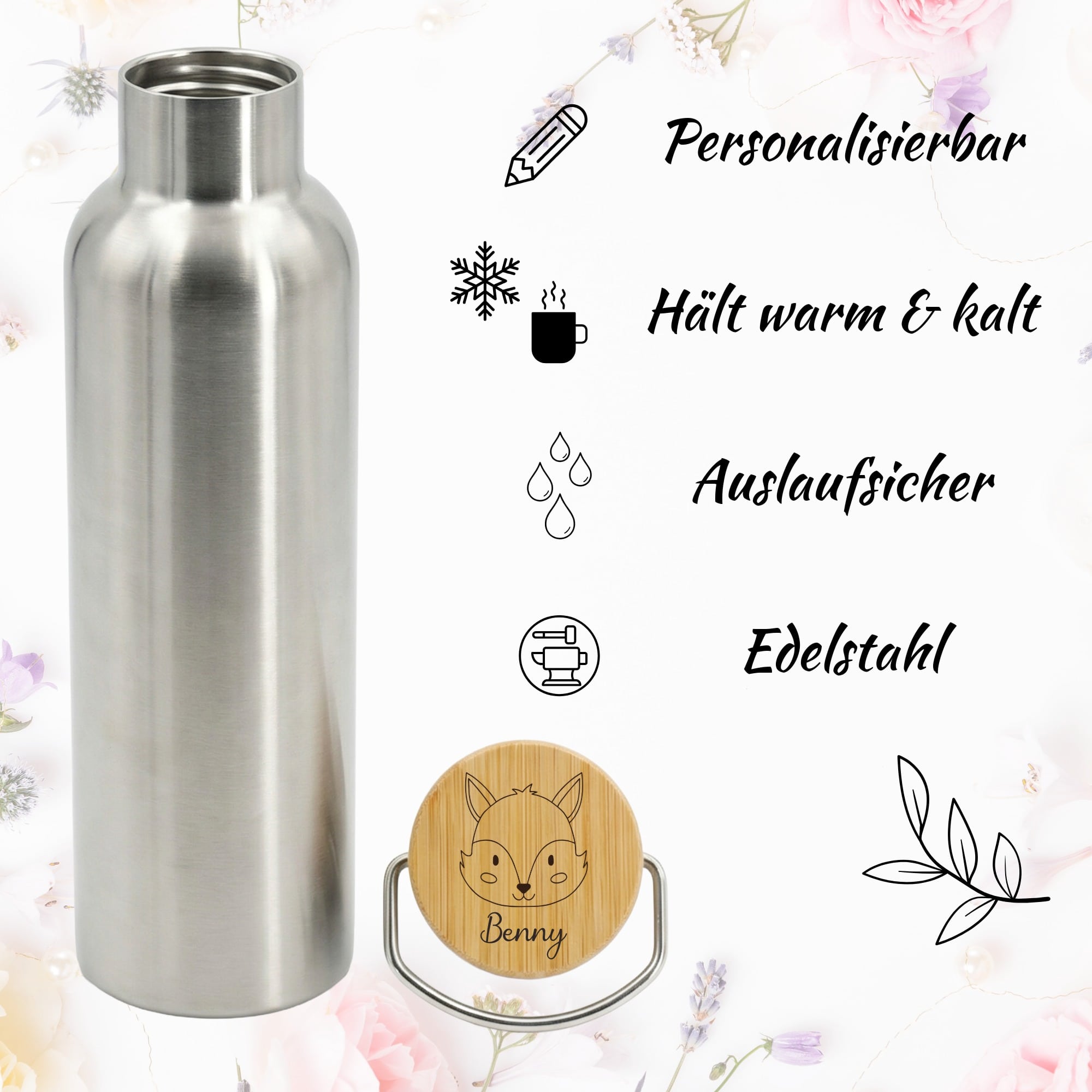 Edelstahl Trinkflasche mit Bambusdeckel, auslaufsicher, isolierend und personalisierbar