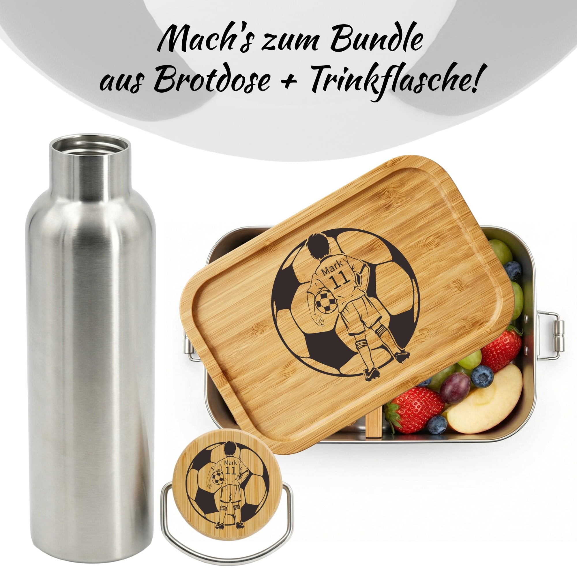 Personalisierte Fußballer Brotdose aus Edelstahl mit Bambusdeckel und optionaler Edelstahl Trinkflasche im Set