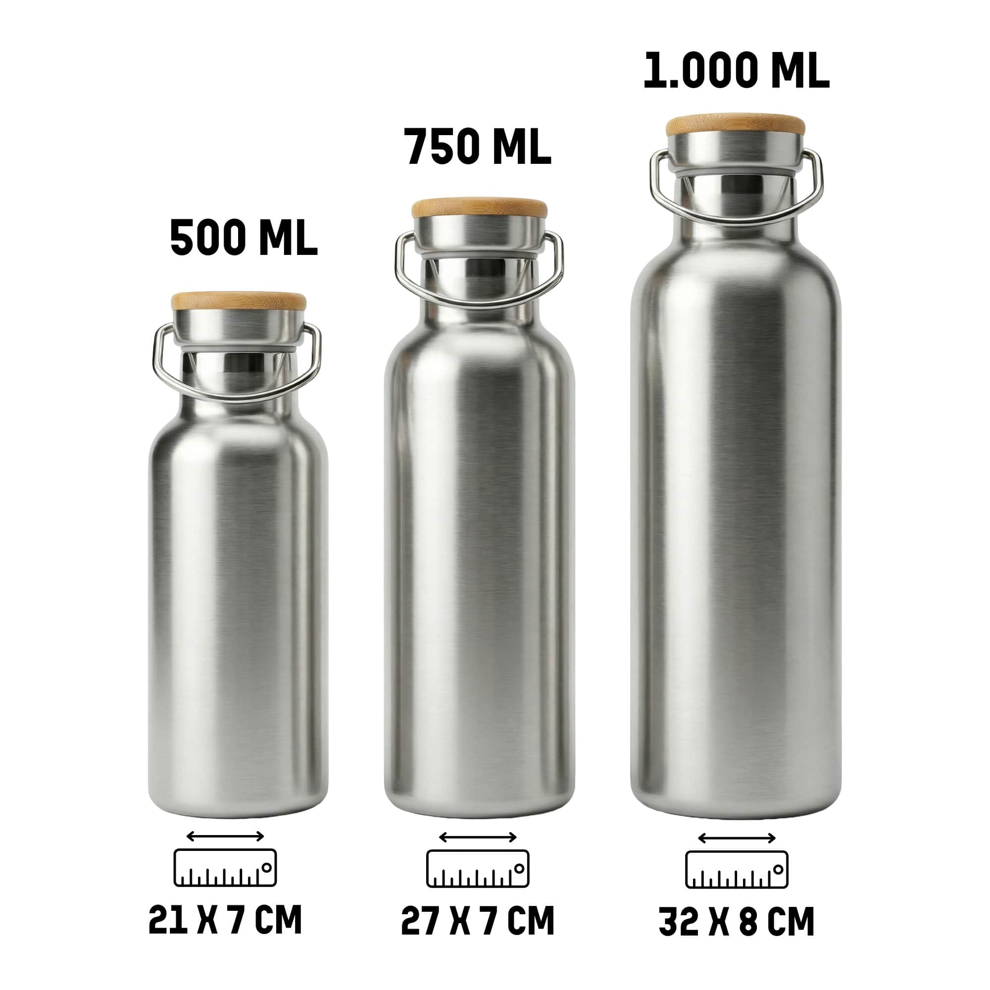 Edelstahl Trinkflaschen 500 ml, 750 ml und 1000 ml mit Bambusdeckel im Größenvergleich