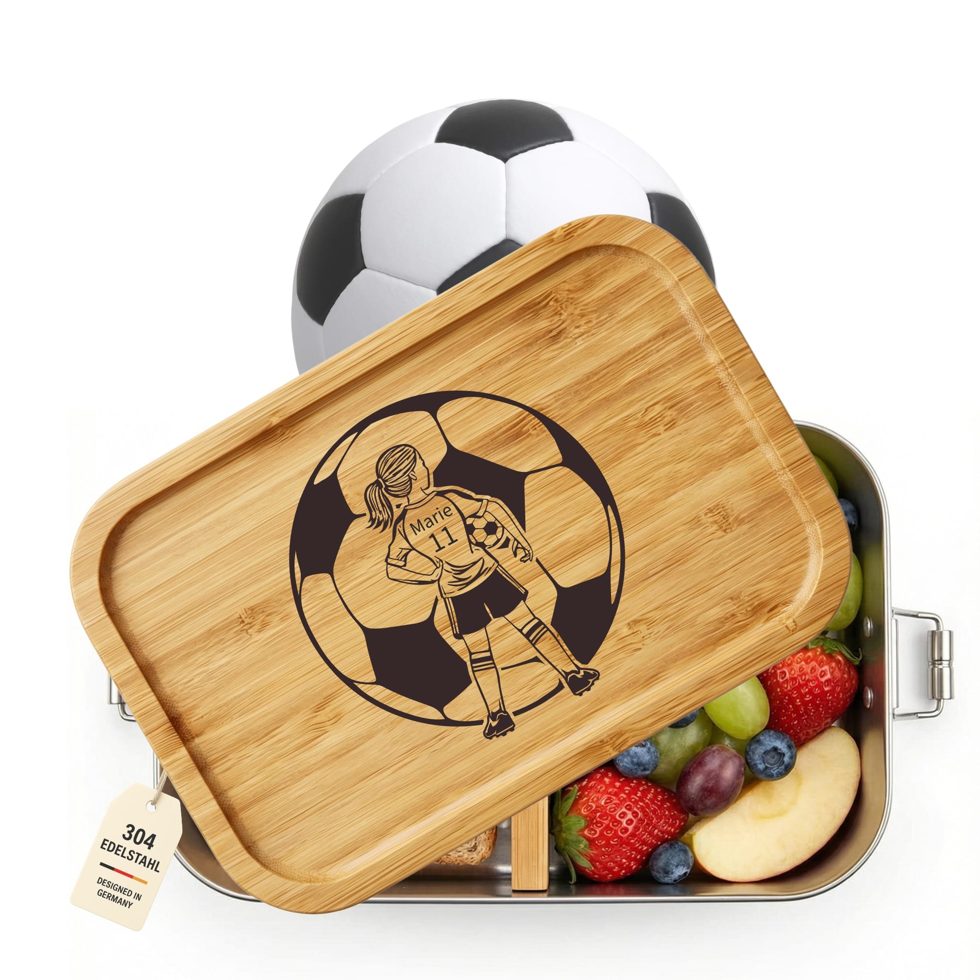 Personalisierte Lunchbox mit Fußballerin Gravur aus Edelstahl und Bambusdeckel mit Name und Nummer