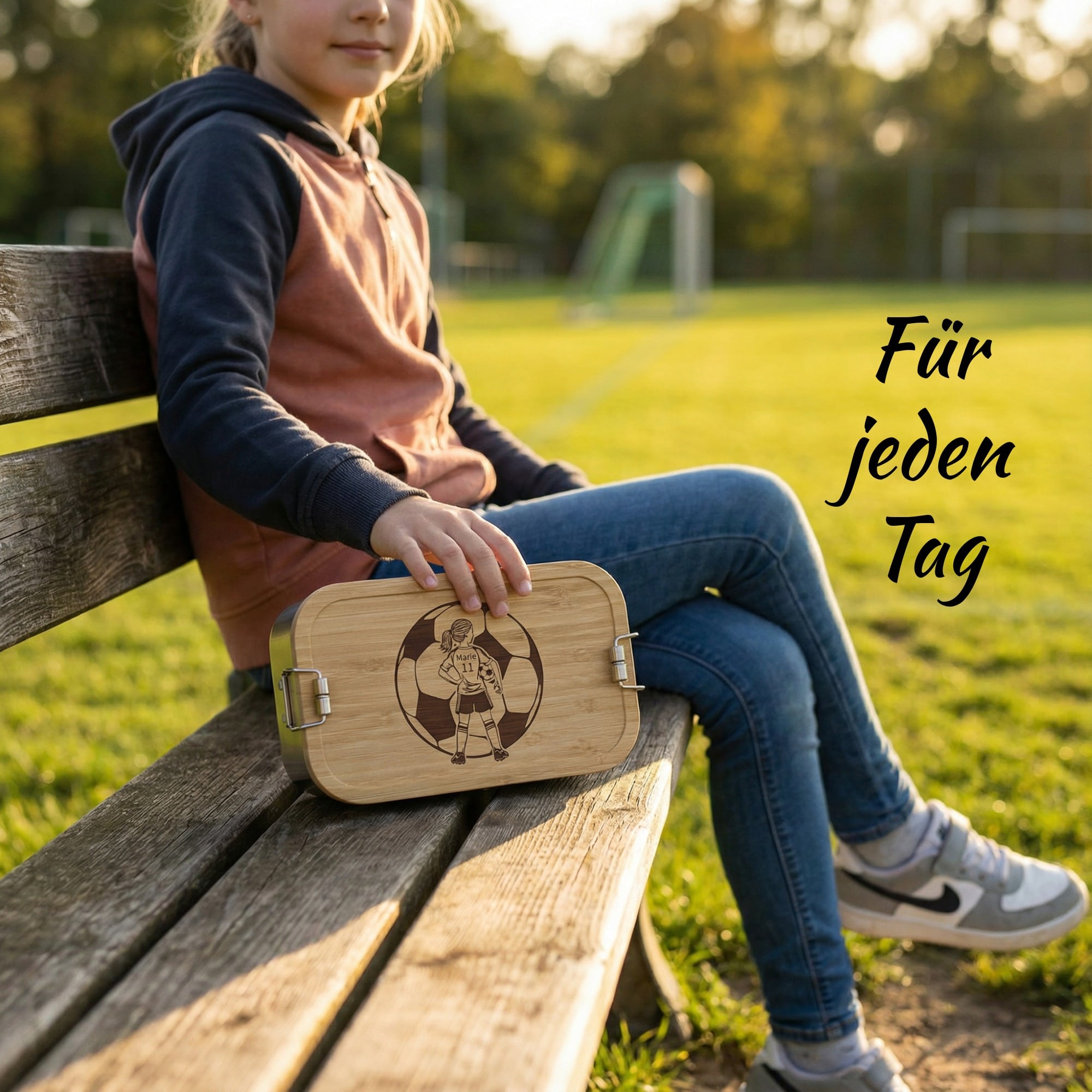 Mädchen mit personalisierter Fußball Lunchbox im Alltag auf Parkbank