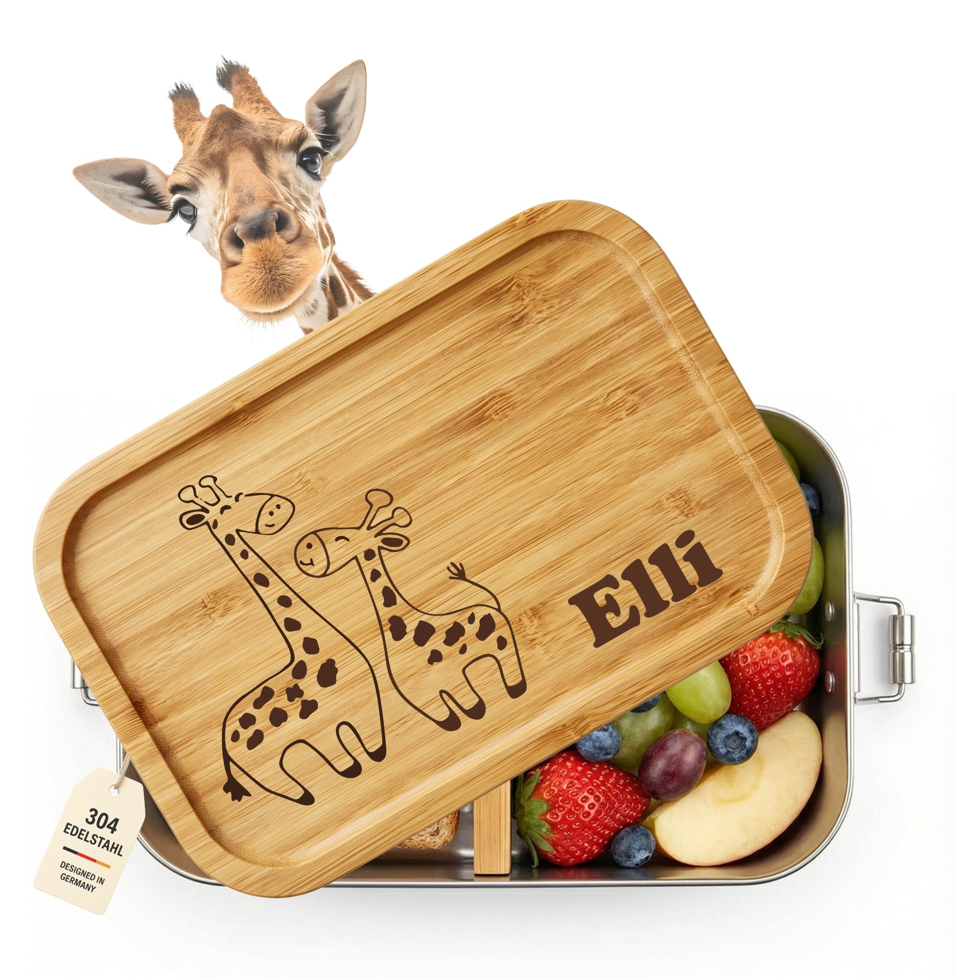 Personalisierte Edelstahl Brotdose mit Bambusdeckel und Giraffenmotiv