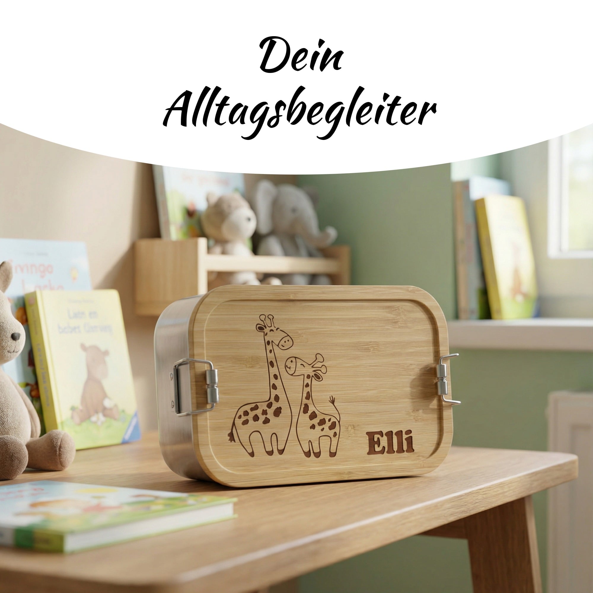 Kinder Brotdose mit Giraffenmotiv auf Tisch im Kinderzimmer
