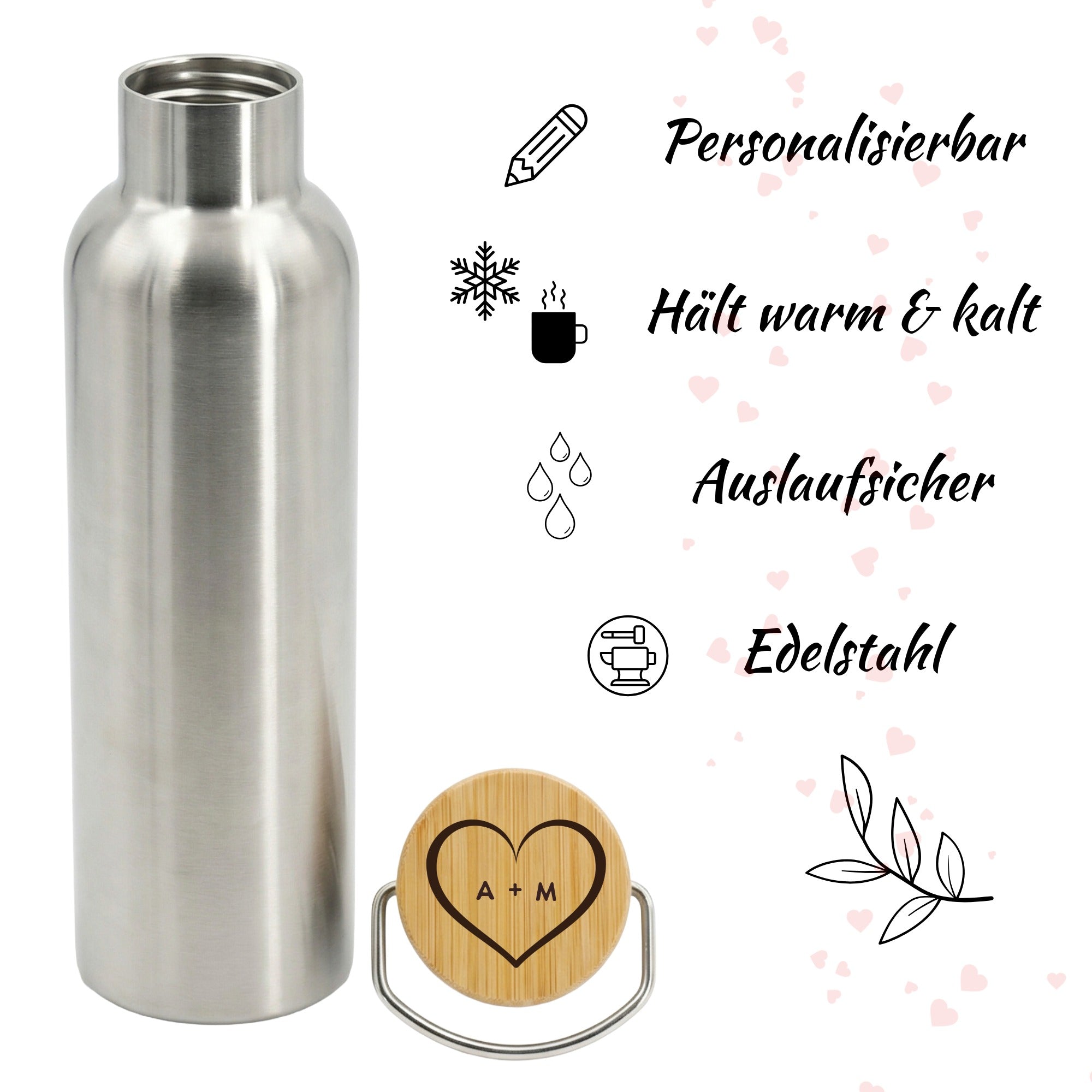 Personalisierbare Edelstahl-Trinkflasche mit Bambusdeckel und Herz-Initialen