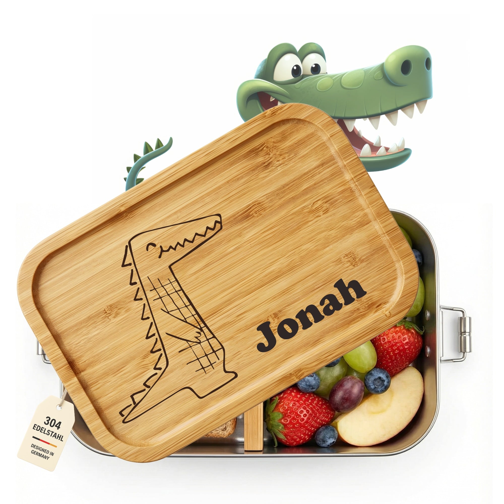 Personalisierte Edelstahl Brotdose mit Krokodil Motiv und Namensgravur