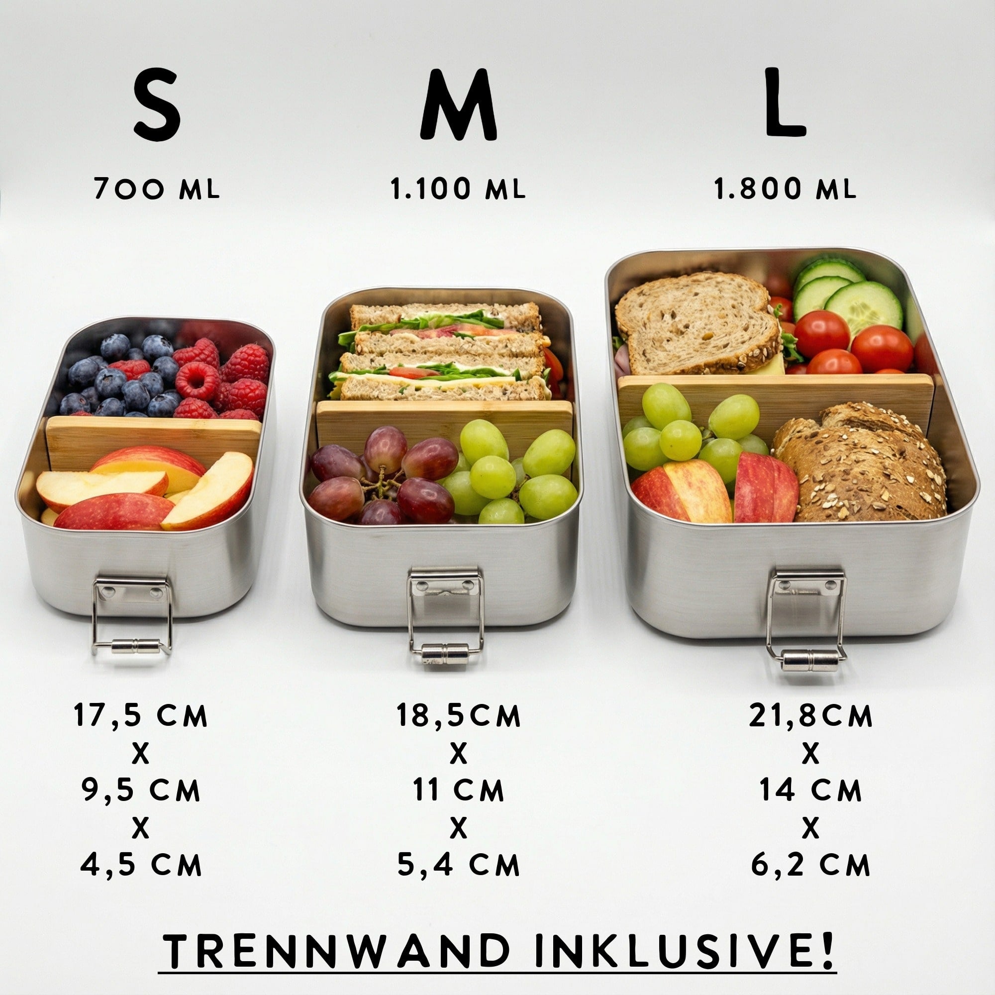 Größenübersicht der Brotdose in 700 ml, 1100 ml und 1800 ml