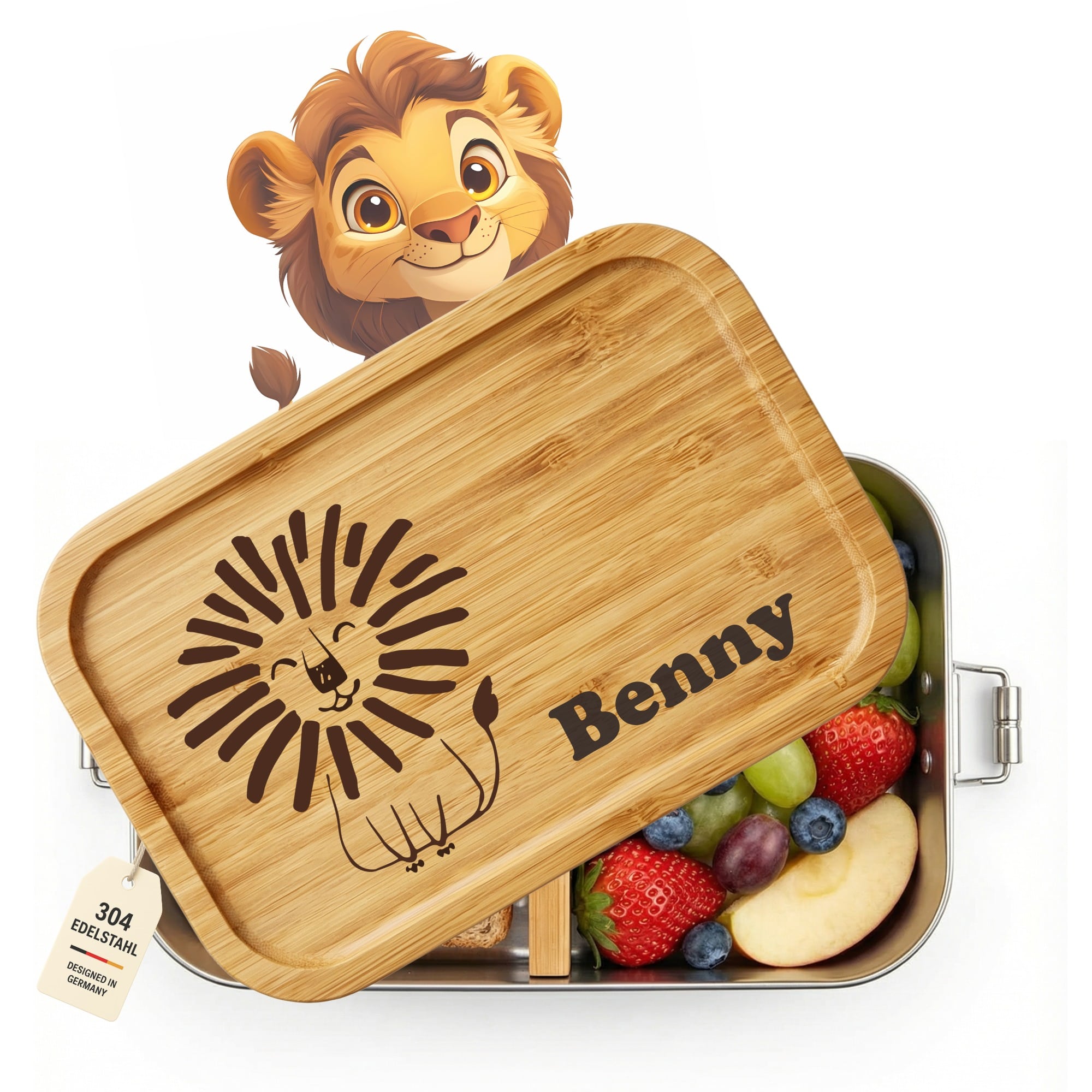 Personalisierte Edelstahl-Lunchbox mit Löwenmotiv und Namensgravur