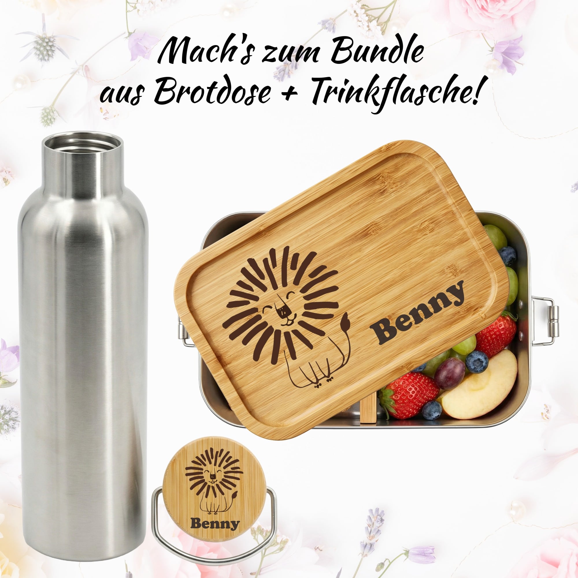 Bambusdeckel mit graviertem Löwen und Kindername