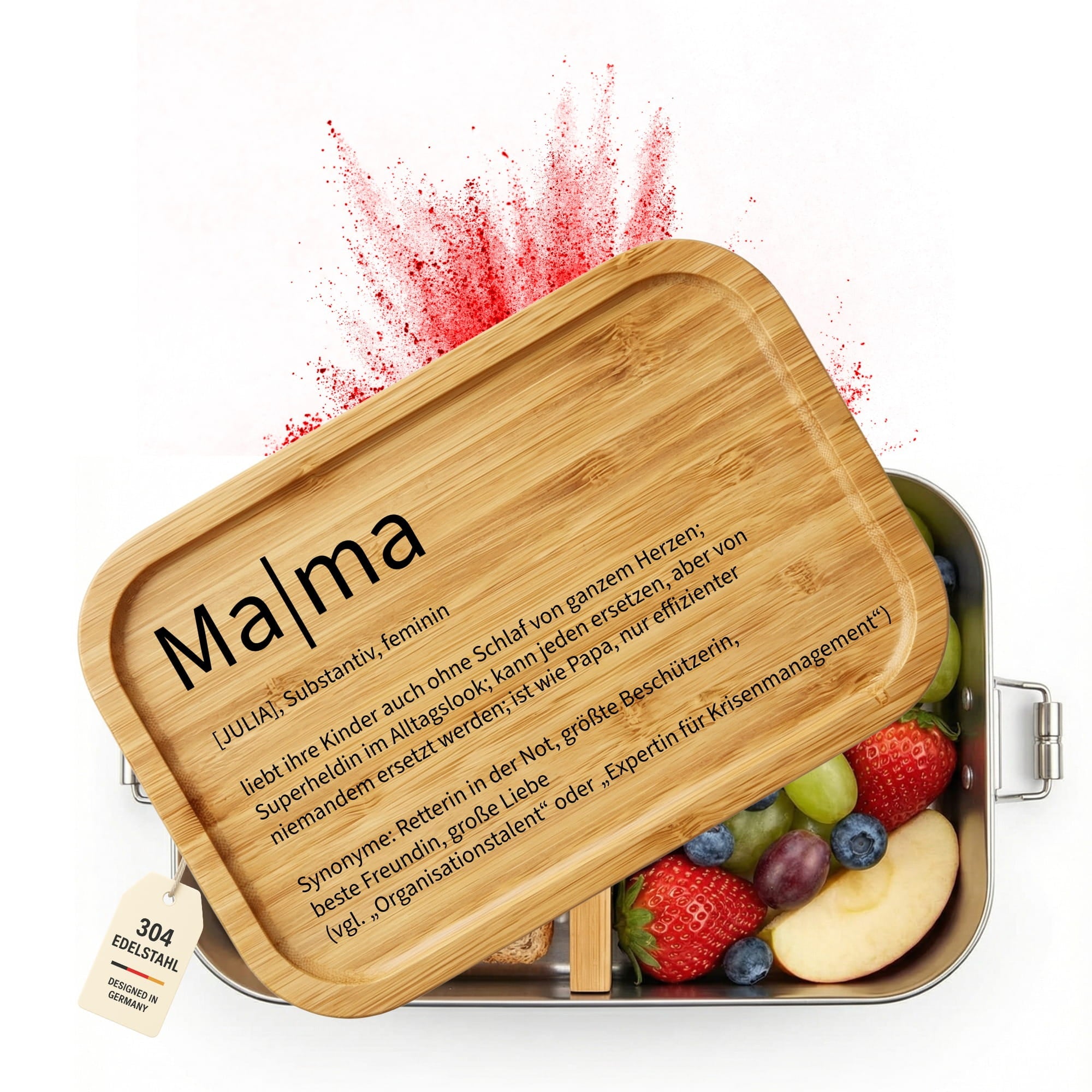 Personalisierte Edelstahl Brotdose für Mama mit Bambusdeckel und Mama Definition Gravur, gefüllt mit Obst